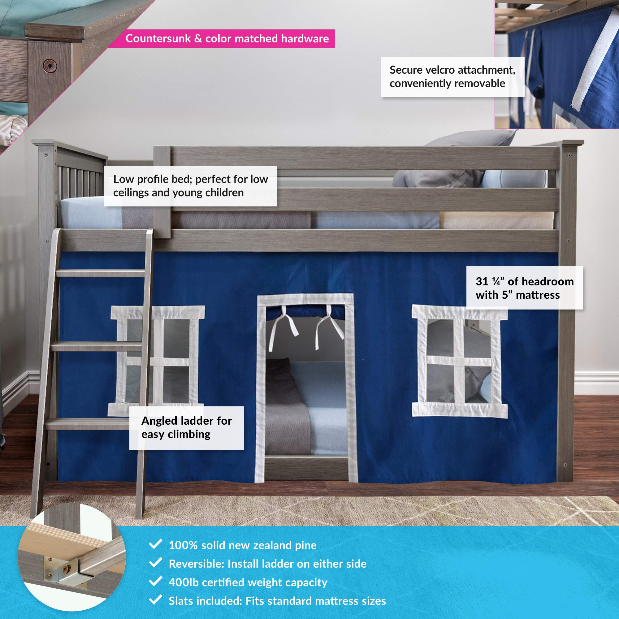 Low Bunk Bed, Twin-Over-Twin Bed Frame for Kids with Curtains for Bottom, Clay/Blue