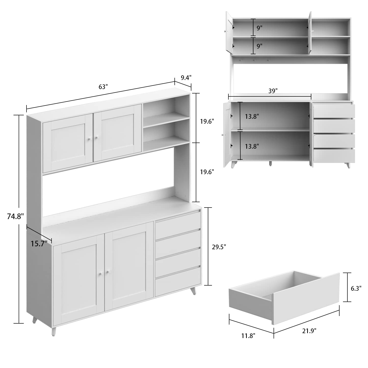 Freestanding Kitchen Pantry Storage Cabinet with Glass Doors, Shelves & Drawers