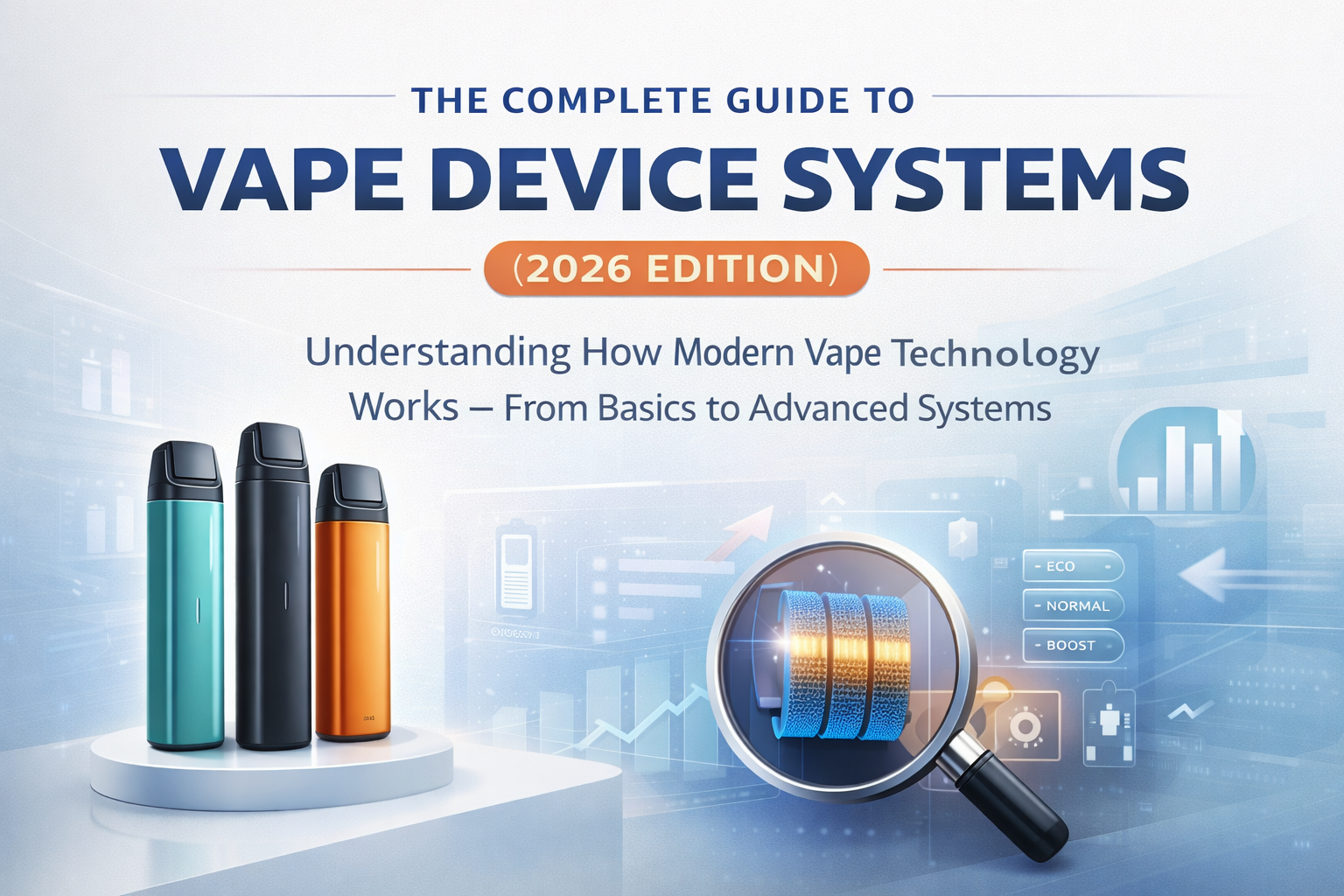 Minimalist vape device systems 2026 banner showing modern disposable vape devices and coil technology concept
