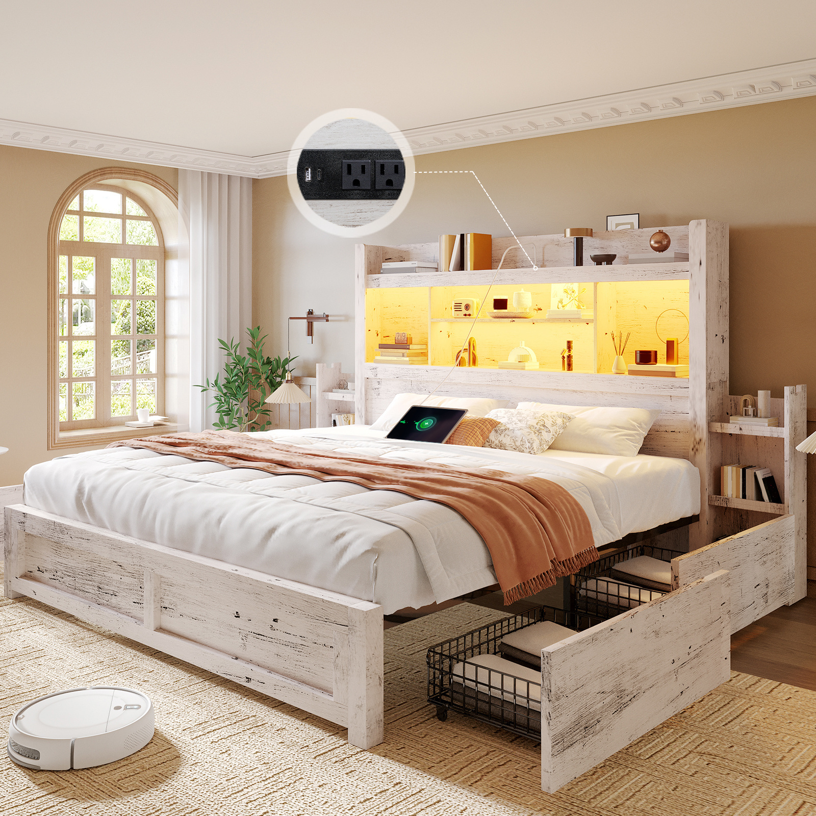PAPABABE bed frame features a 49.6inch bookshelf headboard, four drawers, and two removable storage shelves - a farmhouse-style wooden bed frame equipped with RGB LED lights and a charging station, no mattress required