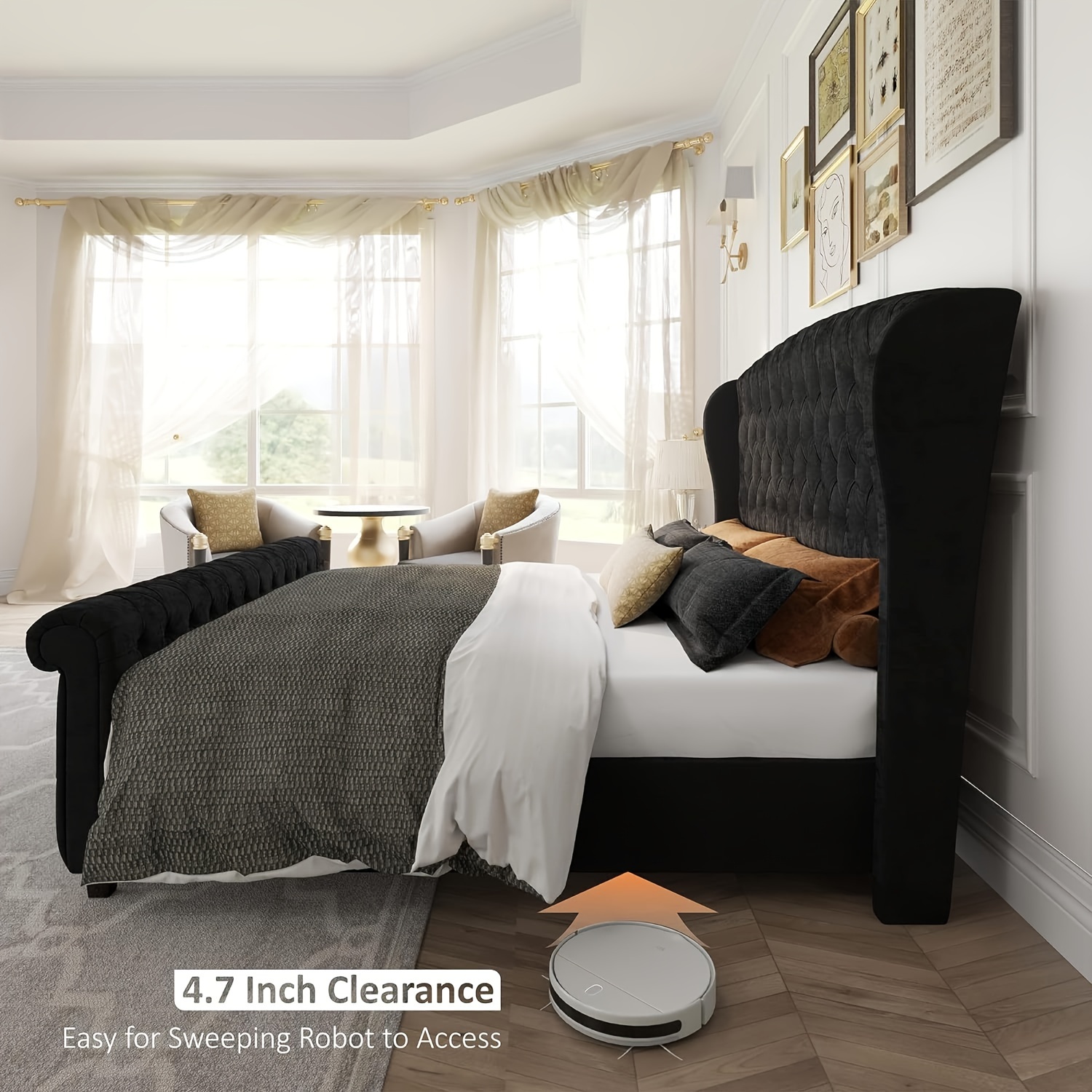 Chenille fabric bed frame, featuring a scroll-back headboard and footboard, with button-tufted embroidery design, does not require a box spring mattress