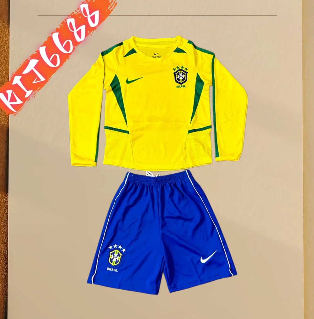 2002 Brazil home Retro long sleeves Kids Kit