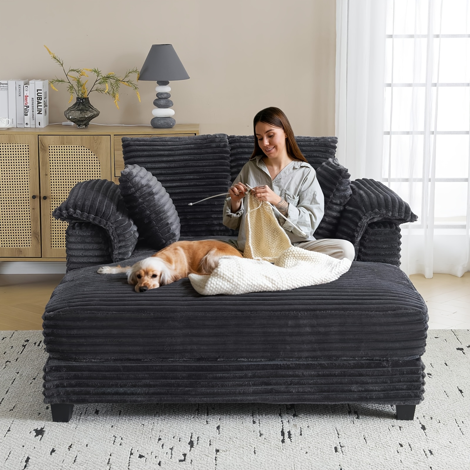 Bonnlo 56inch Extra Wide Chaise Lounge Sofa Bed - Modern Corduroy Sofa Bed with Cushions and Armrests, Foam-Padded Chaise Lounge Bed, Suitable for Living Room and Bedroom