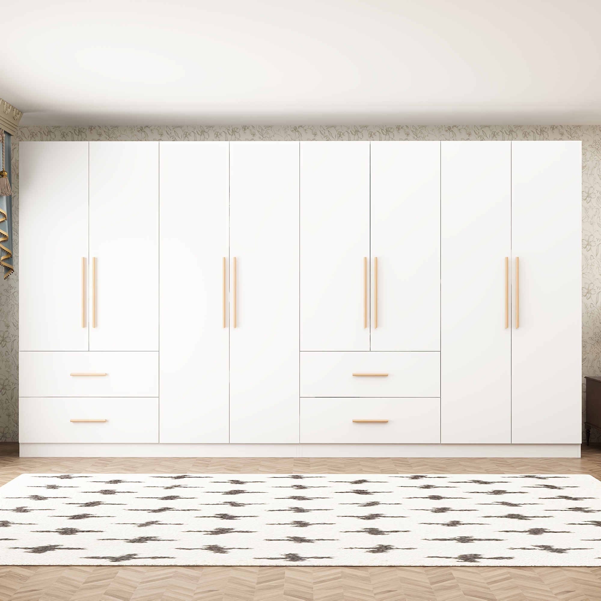 Modern White Wardrobe - Freestanding wardrobe with 4 doors, 2 drawers, 6 storage compartments, and a hanging rod - Large bedroom closet organizer, suitable for apartments and homes - Clothes storage, home organization
