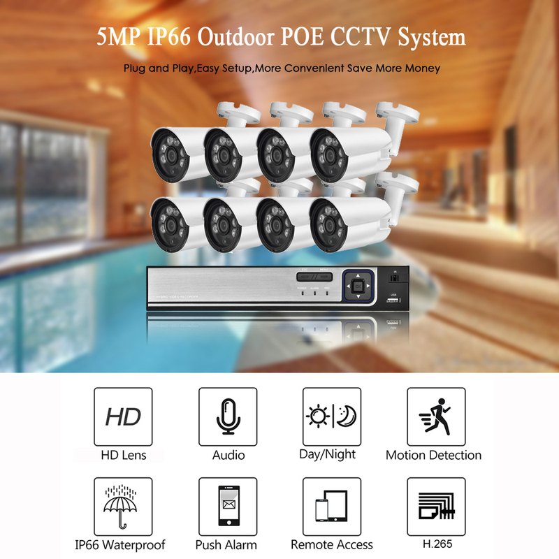 Gadinan 5MP 8 Channel NVR Face Record Security Camera System Outdoor Waterproof Audio Record IP Camera P2P Video Surveillance Kit