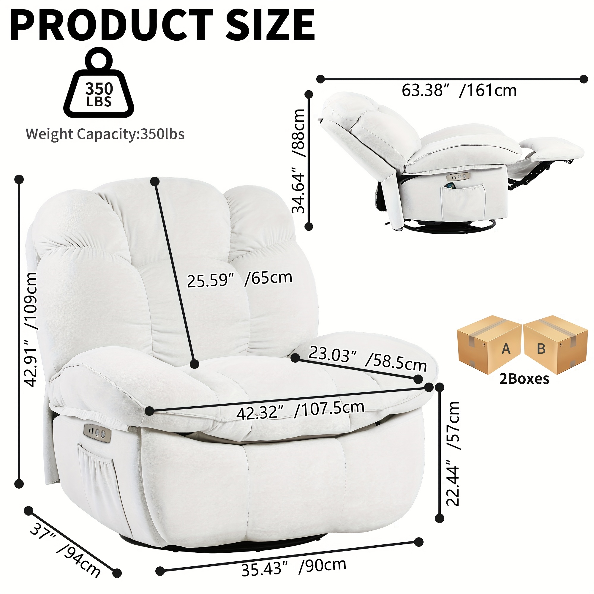 White electric recliner, holiday gift, cushioned swivel chair with vibration massage and heating function, modern single sofa recliner, equipped with USB, USB-C and side pocket, living room decoration