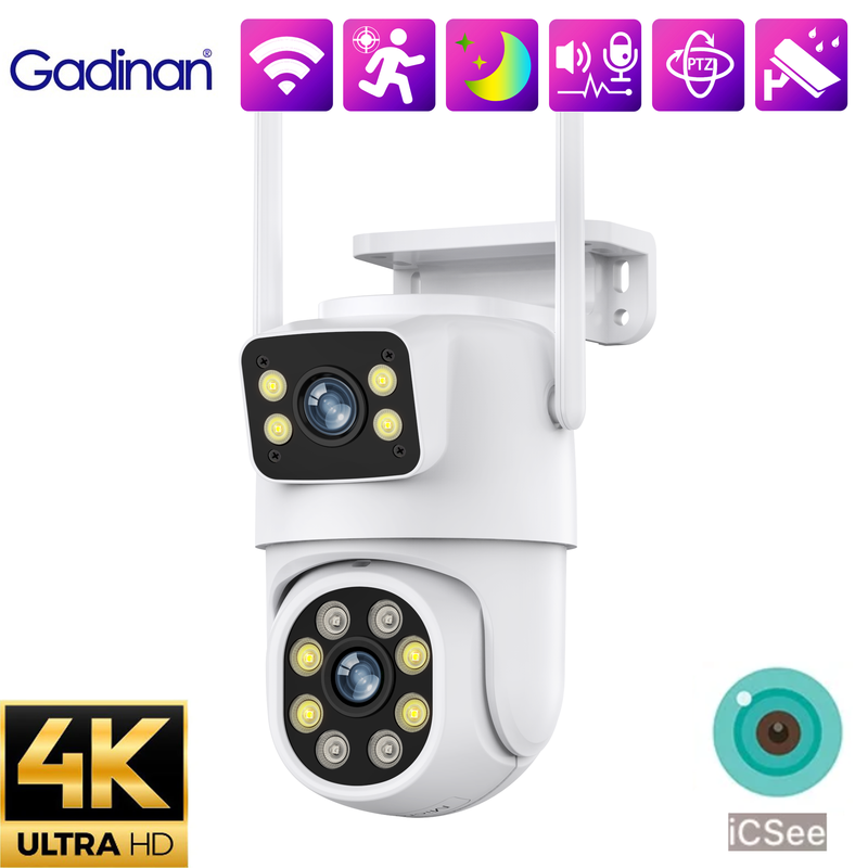 Gadinan PTZ 4K 8MP Dual Lens Wifi Camera Color Night Vision Outdoor Human Detection Security Video Surveillance iCSee App