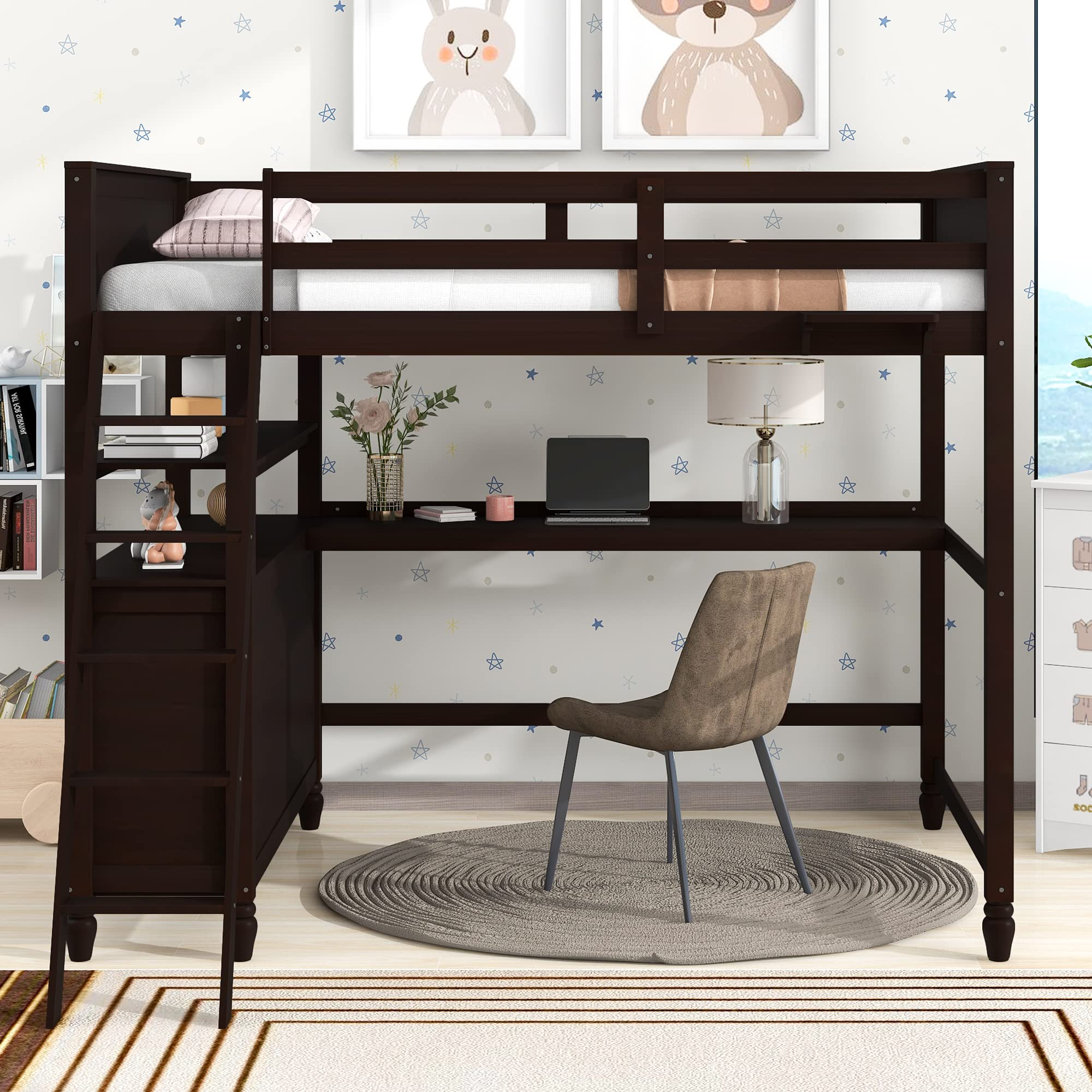 Full Size Loft Bed, Full Loft Bed with Desk, Wood Loft Bed Frame with Drawers & Shelves