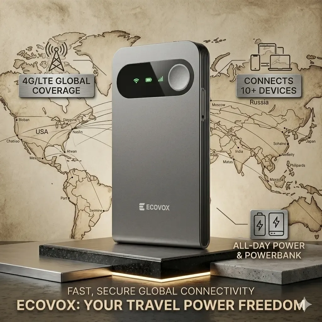 ECOVOX Pocket-Sized FCC Certified 4G LTE eSIM Wireless Hotspot, 150Mbps Speeds Fast WiFi, Auto-Switch AT&T/T-Mobile/Verizon, 86g Device, 1 Port, 1GB Data Bonus for Airport & RV Use