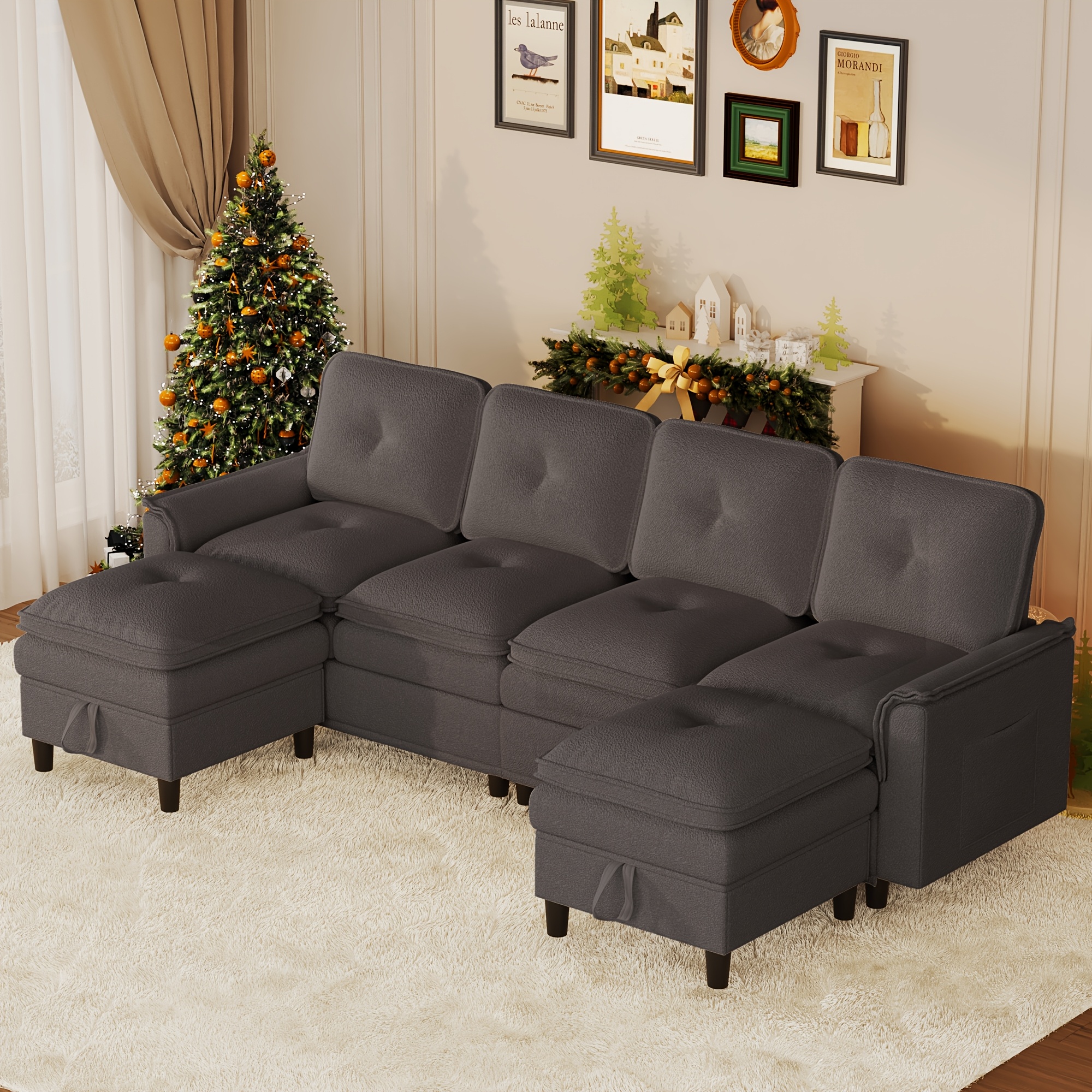 HWB LED modular sectional sofa with charging station, sectional sofa for living room, 6-seater U-shaped sofa with storage space, footrest, 6-piece sectional sofa in gray