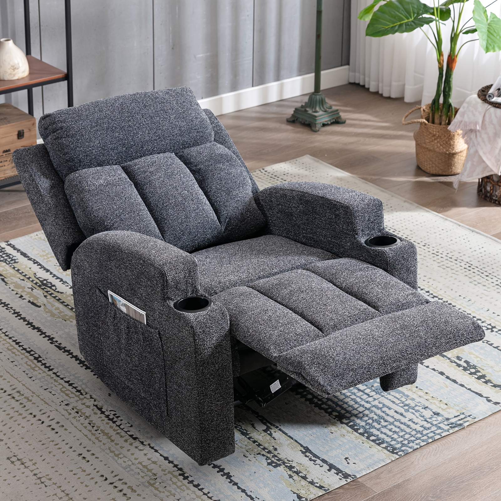 Modern Manual Massage Recliner with Heating Function - Ultra-Breathable Fabric Single Seat Sofa Lounge Chair with Side Pocket and Cup Holder