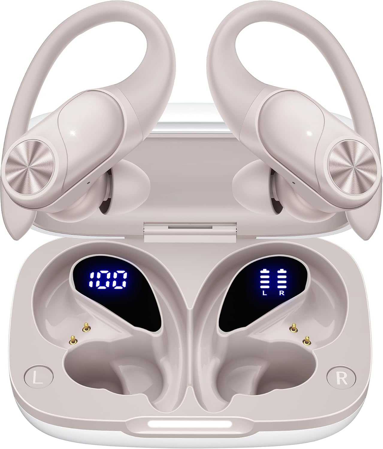 TWS Wireless Earbuds with Earhooks, 80H Playtime IPX7 Waterproof Bluetooth Headphones with Digital LED Display & Wireless Charging Case, Deep Bass Earphones for Sport Running Gym