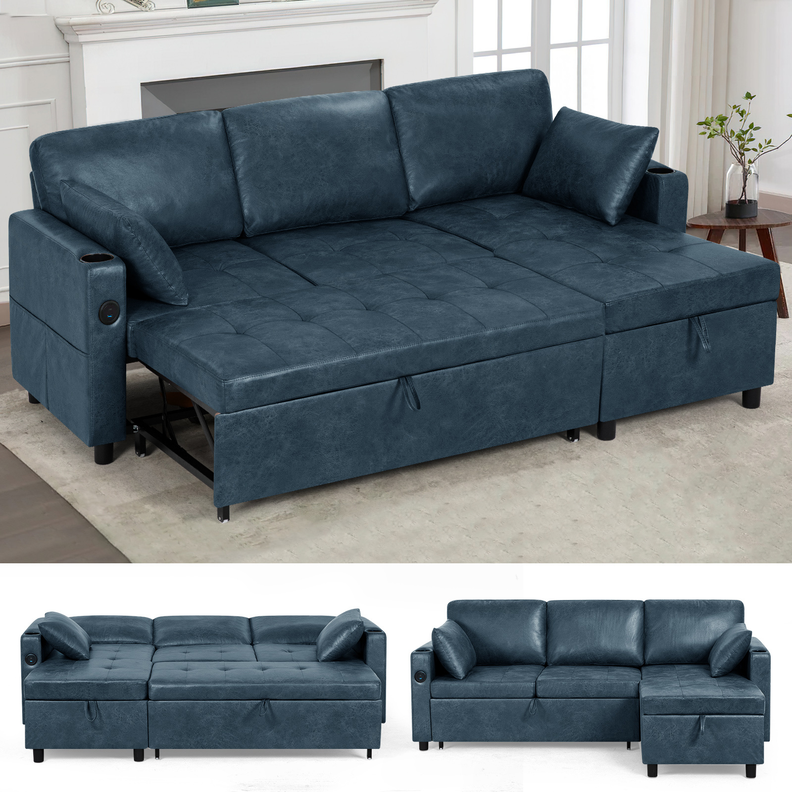 ACMEASE 84inch L-shaped pull-out sofa bed with adjustable backrest (with storage ottoman), synthetic suede fabric sofa with cup holders, modern modular sofa with storage side pockets and tufted cushions, suitable for living rooms and apartments