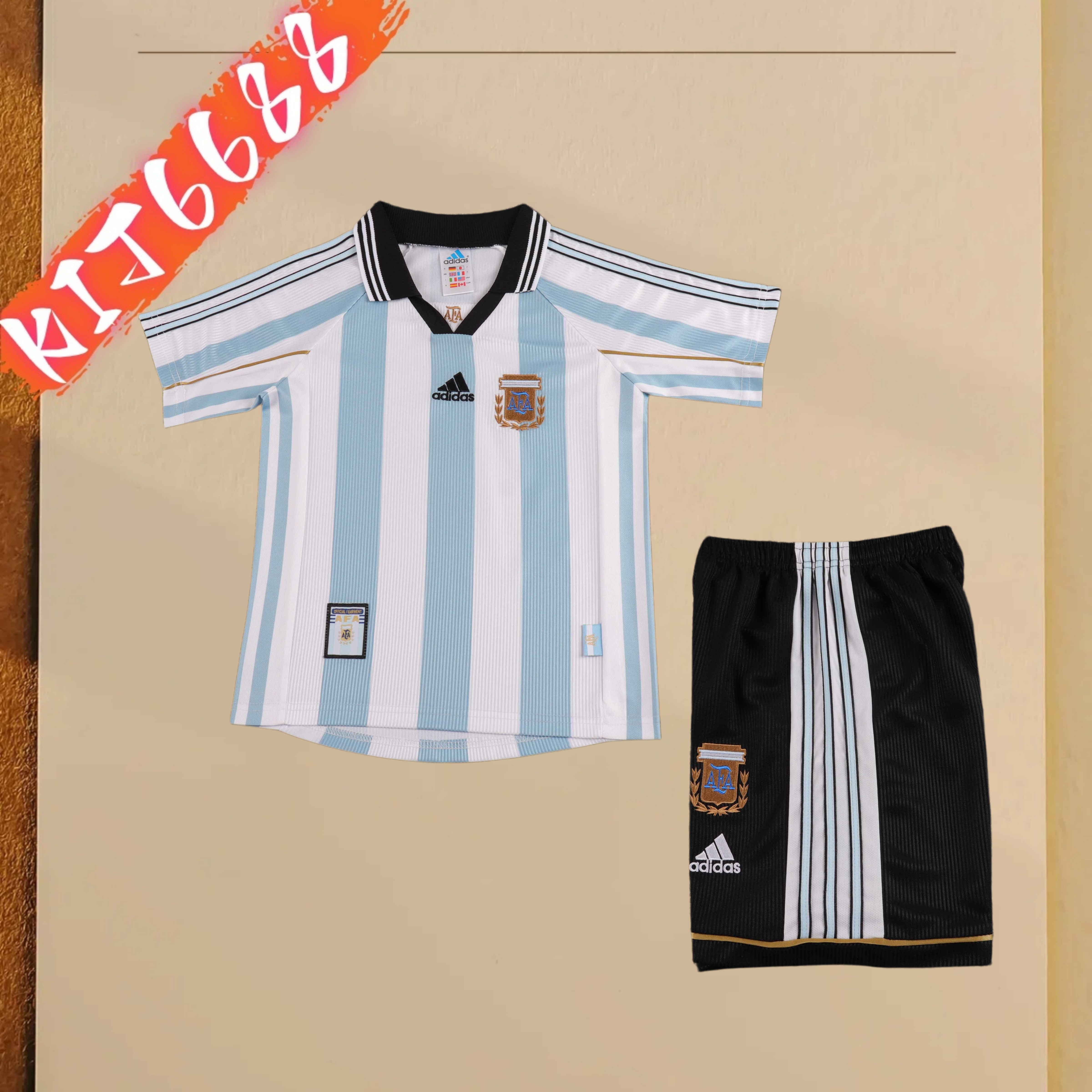 1998 Argentina Home Retro  Football Shirt ( Kids Kit )