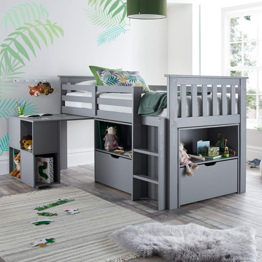 Milo Grey Wooden Mid Sleeper Kids Bunk Bed with Pocket Sprung Mattress 3' Single 90x190 cm