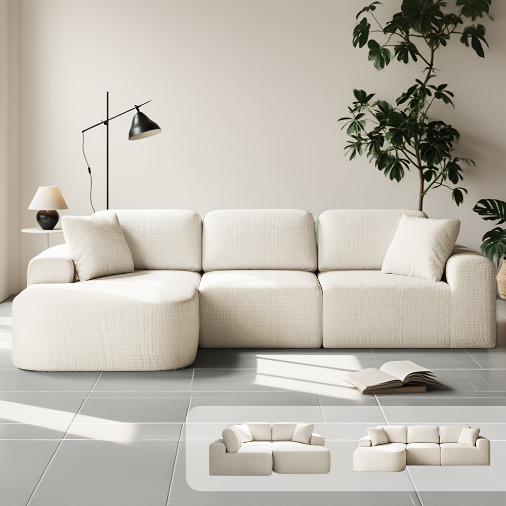 Modular sectional sofa with chaise lounge, no assembly required, modern boucle-style fabric, convertible L-shaped design, suitable for living room use.