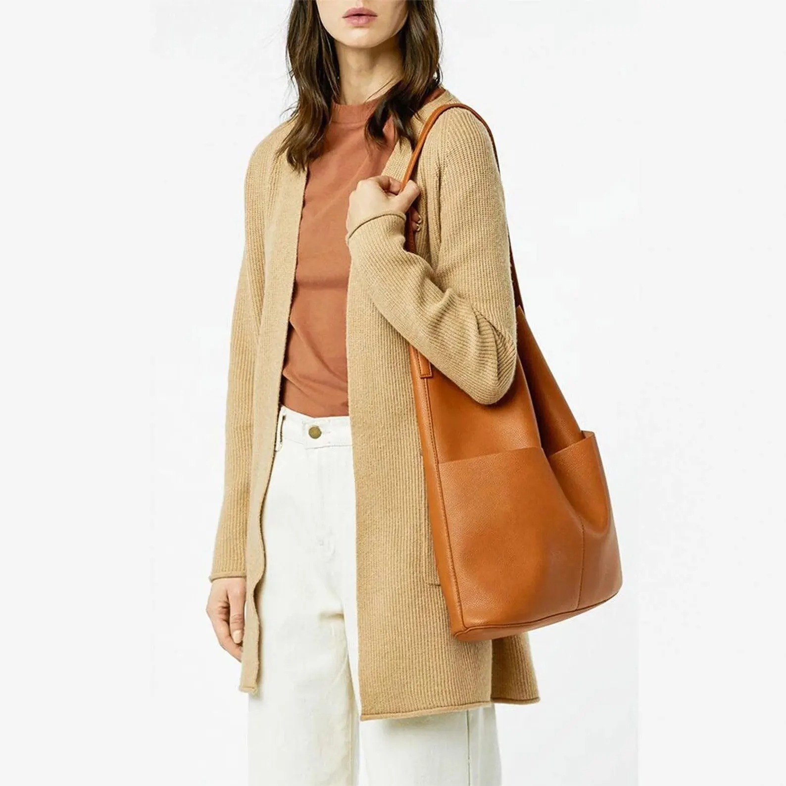 Effortless Cognac Pebbled Leather Slouch Tote