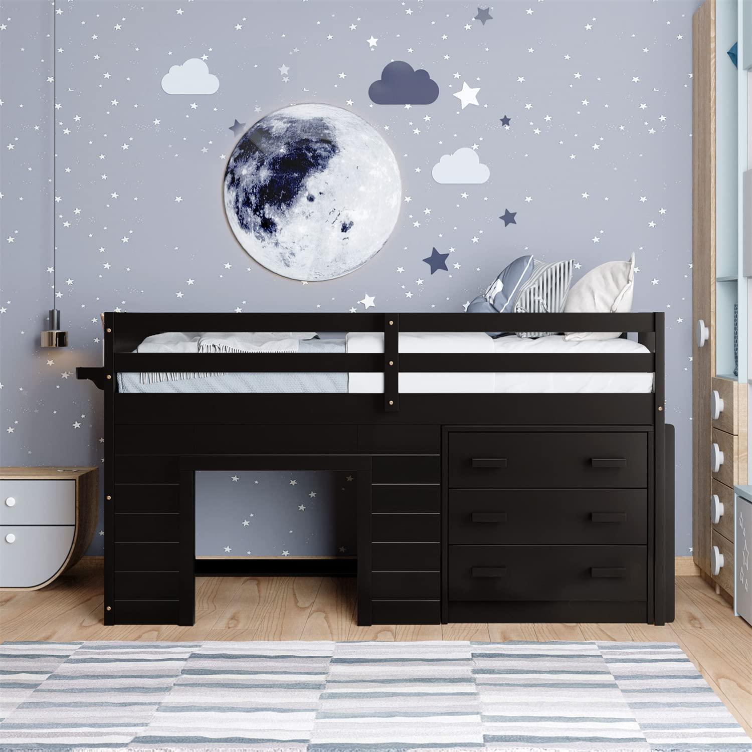 Bellemave Low Loft Beds with 3 Drawers Twin Loft Bed Frame with Cabinet & Bedside Tray Wood Farmhouse Loft Bed