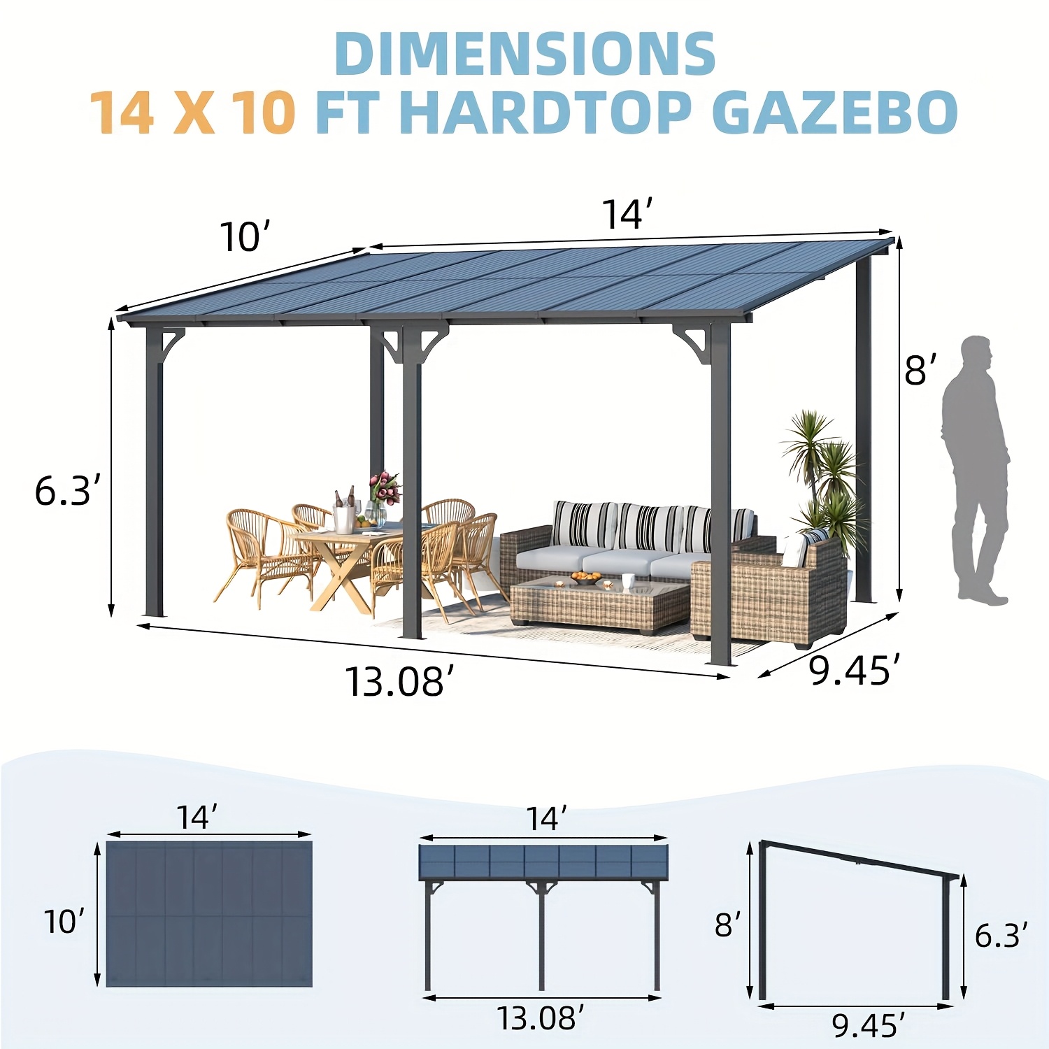 14' x 10' gazebo, large wall-mounted gazebo at clearance price, suitable for patio, courtyard, porch, backyard, etc., outdoor cantilever gazebo with metal awning