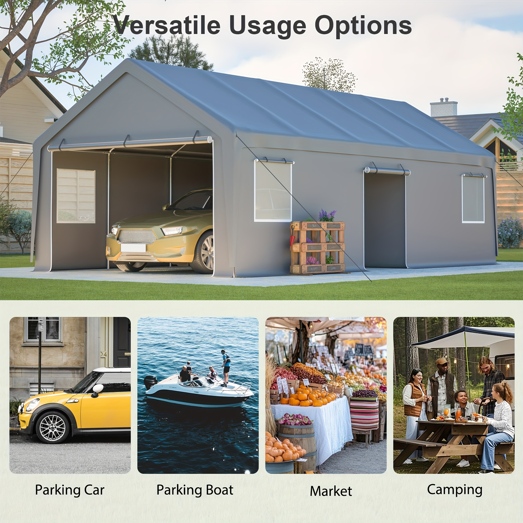 13x26 ft carport, heavy-duty portable garage, all-season car canopy, UV-resistant waterproof tarp, with removable side walls and door.