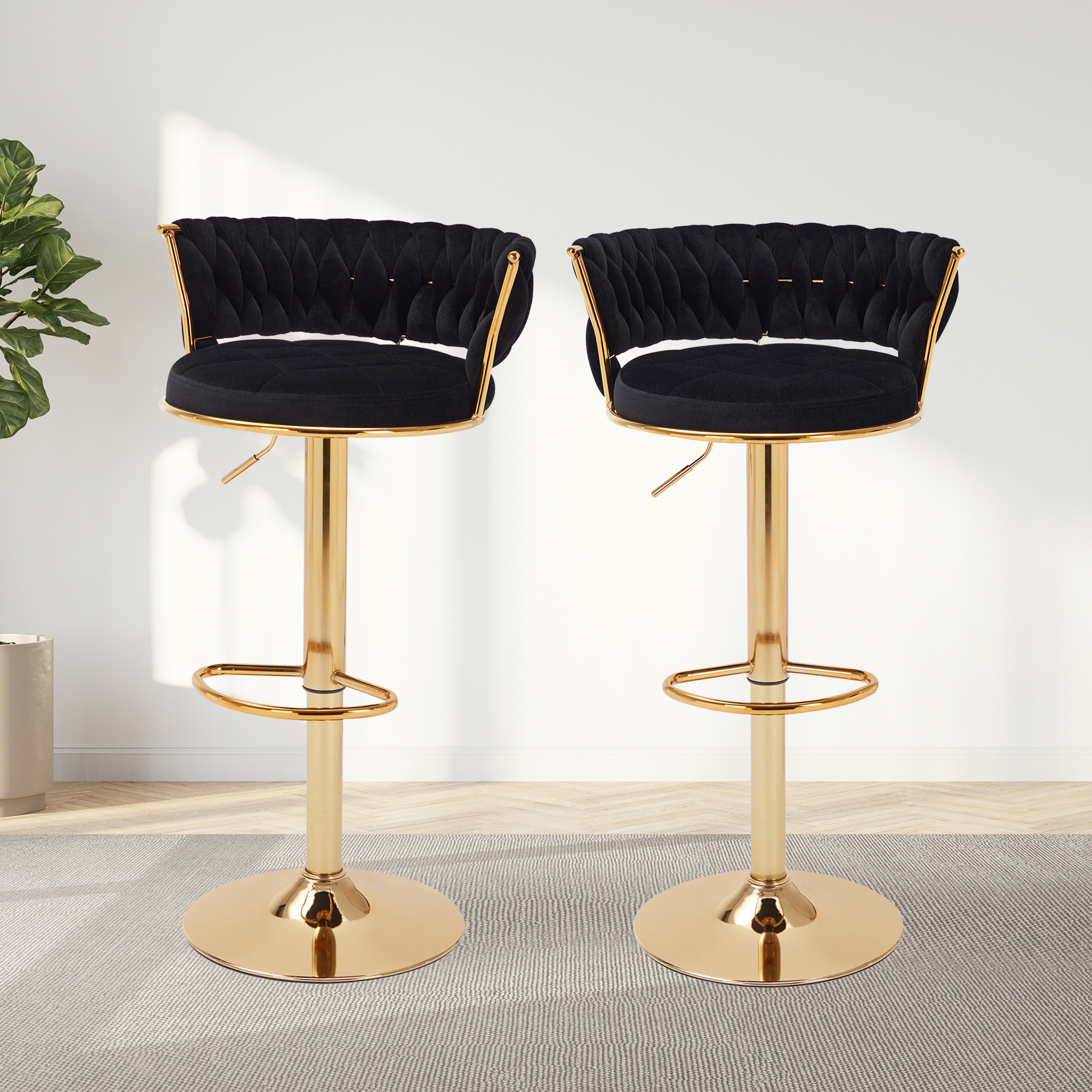 VECELO 360°Set of 4 swivel bar chairs, height-adjustable counter high chairs with back and arms, suede fabric kitchen island chairs