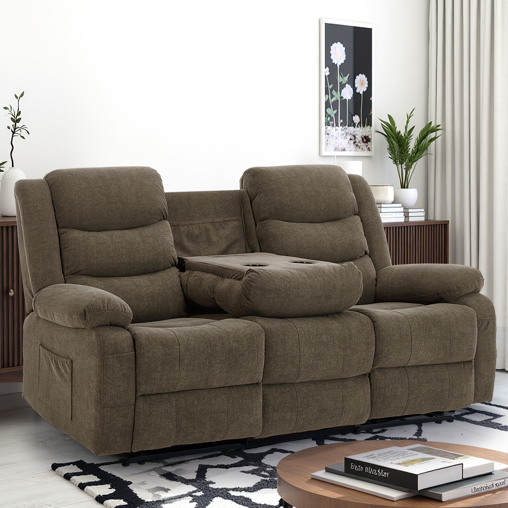 Extra-large three-seater recliner sofa, wall-mounted living room three-seater sofa, large three-seater recliner sofa with front pocket and side pockets, cashmere, manual recliner sofa