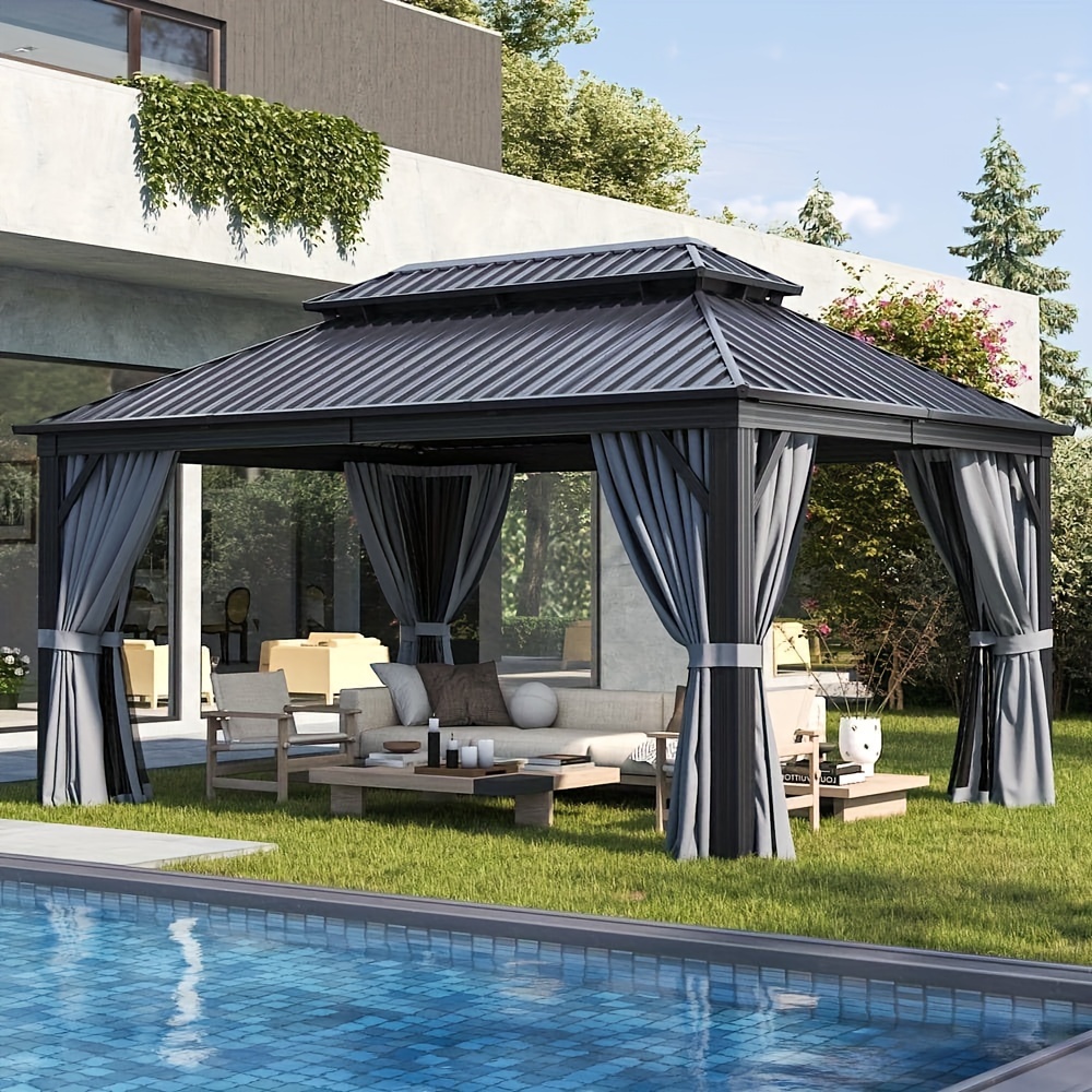 Set, Hardtop Gazebo, 12' x 16' Outdoor Gazebo with Netting and Curtains, Galvanized Steel Double Roof Permanent Aluminum Gazebo for Garden, Deck, Patio, Party