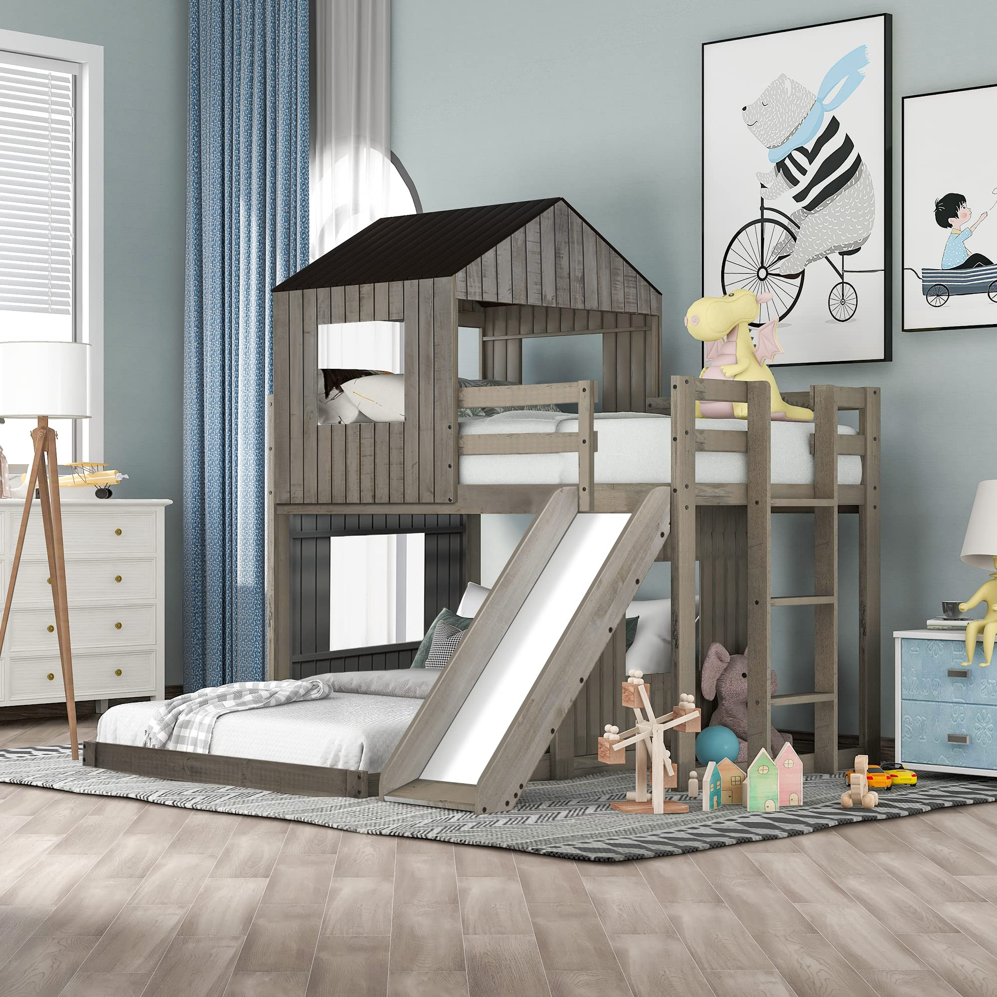 House Bed Bunk Beds with Slide, Wood Bunk Beds with Roof and Guard Rail for Kids, Toddlers