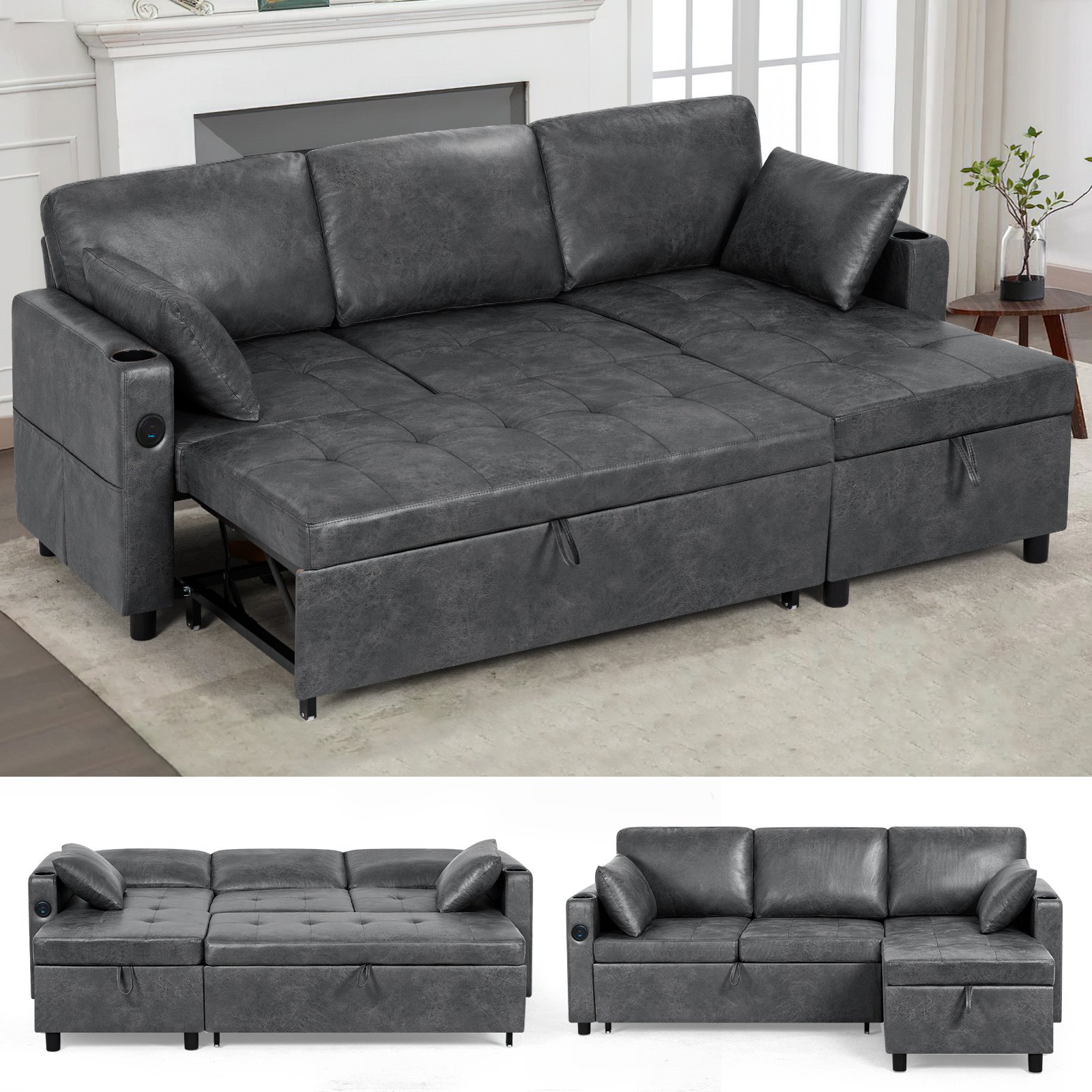 ACMEASE 84inch L-shaped pull-out sofa bed with adjustable backrest (with storage ottoman), synthetic suede fabric sofa with cup holders, modern modular sofa with storage side pockets and tufted cushions, suitable for living rooms and apartments