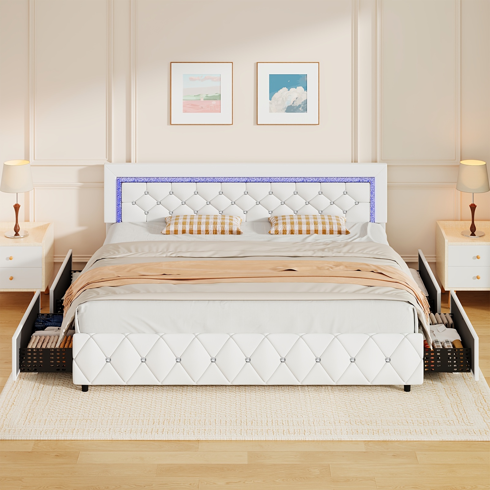 Large bed frame suitable for 30 families, with LED lights and storage drawers, upholstered platform bed with diamond-tufted headboard, wooden slat support, no springs required, easy to assemble, available in white, pink, black