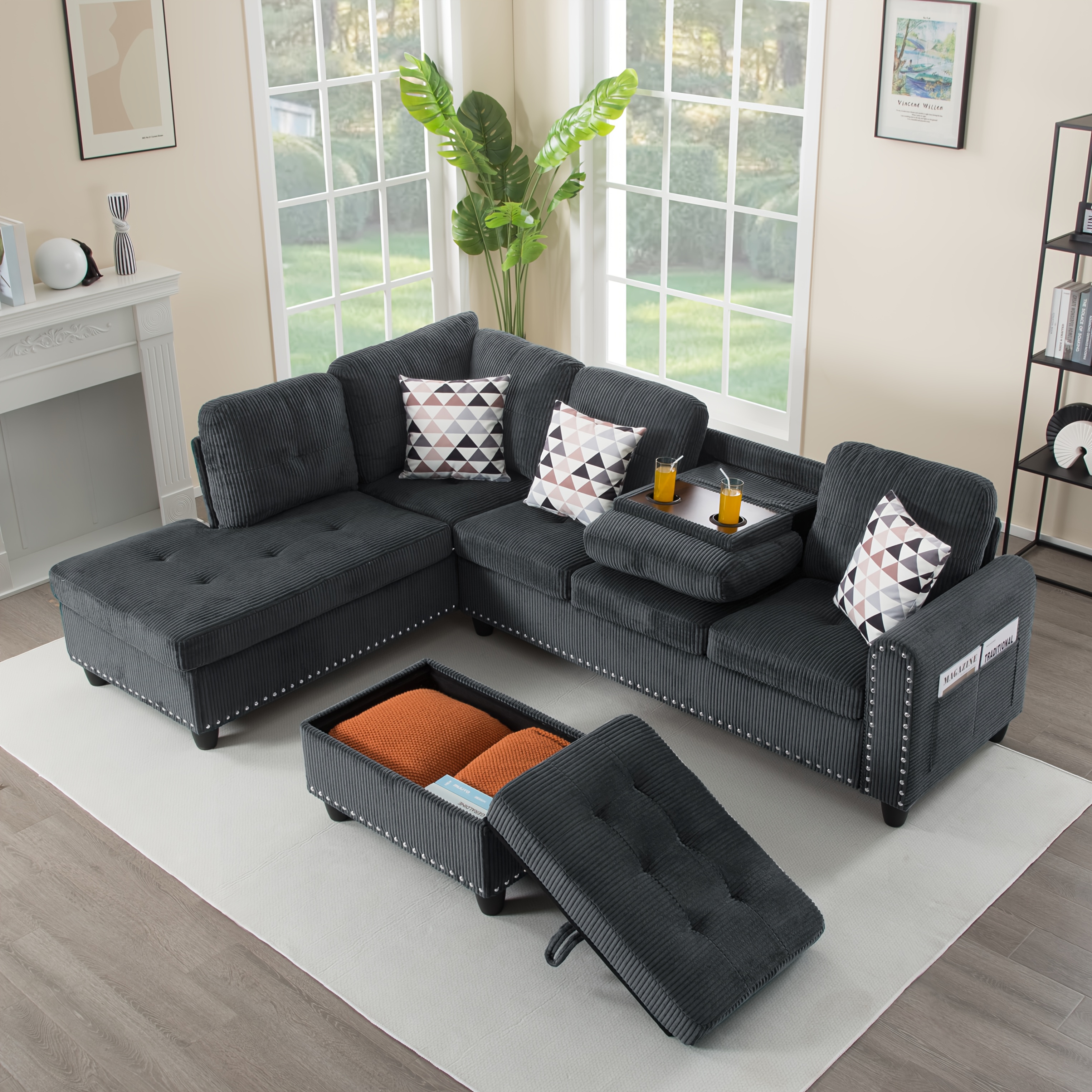 “94.49” L-shaped modular sofa: solid wood, iron frame, corduroy - suitable for use in living rooms, bedrooms, offices, and reception areas