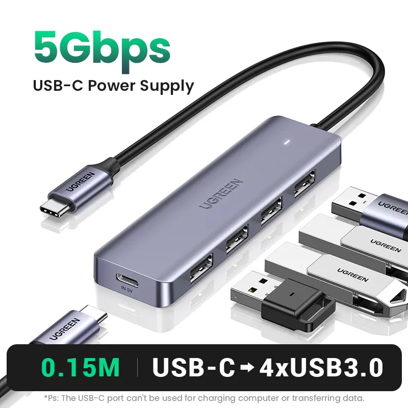 UGREEN 4-Port USB 3.0 Hub, 5Gbps Ultra Slim USB-A Splitter Adapter with 15cm Cable for PC, PS5, Xbox, Keyboard, Mouse & Flash Drive