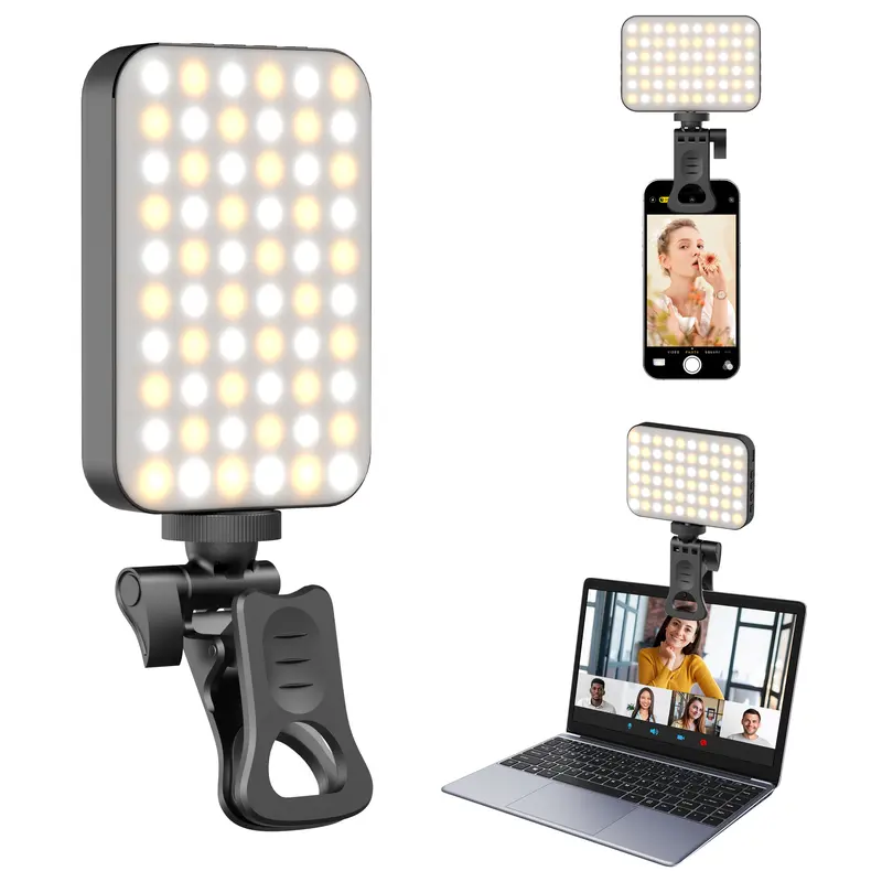 Rechargeable LED Selfie Fill Light with Clip, Dimmable Portable Video Light for Cellphone Laptop Tablet, Adjustable 3 Light Modes for Live Streaming, Video Conference, Portrait Photography, Vlogging