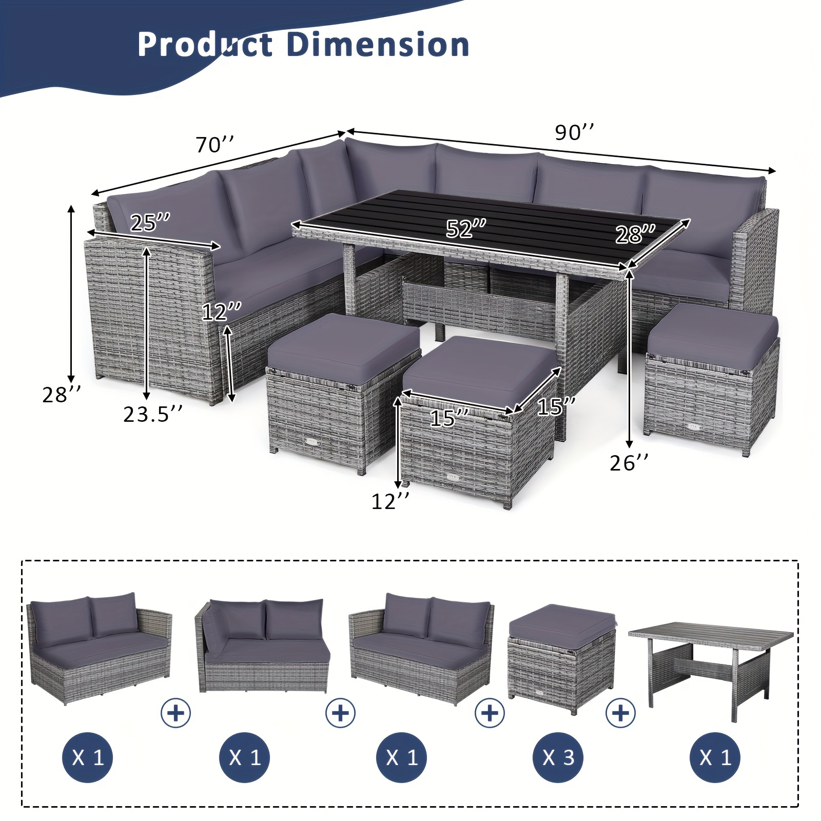 7-piece courtyard rattan dining table set, combination sofa, footstool, garden gray