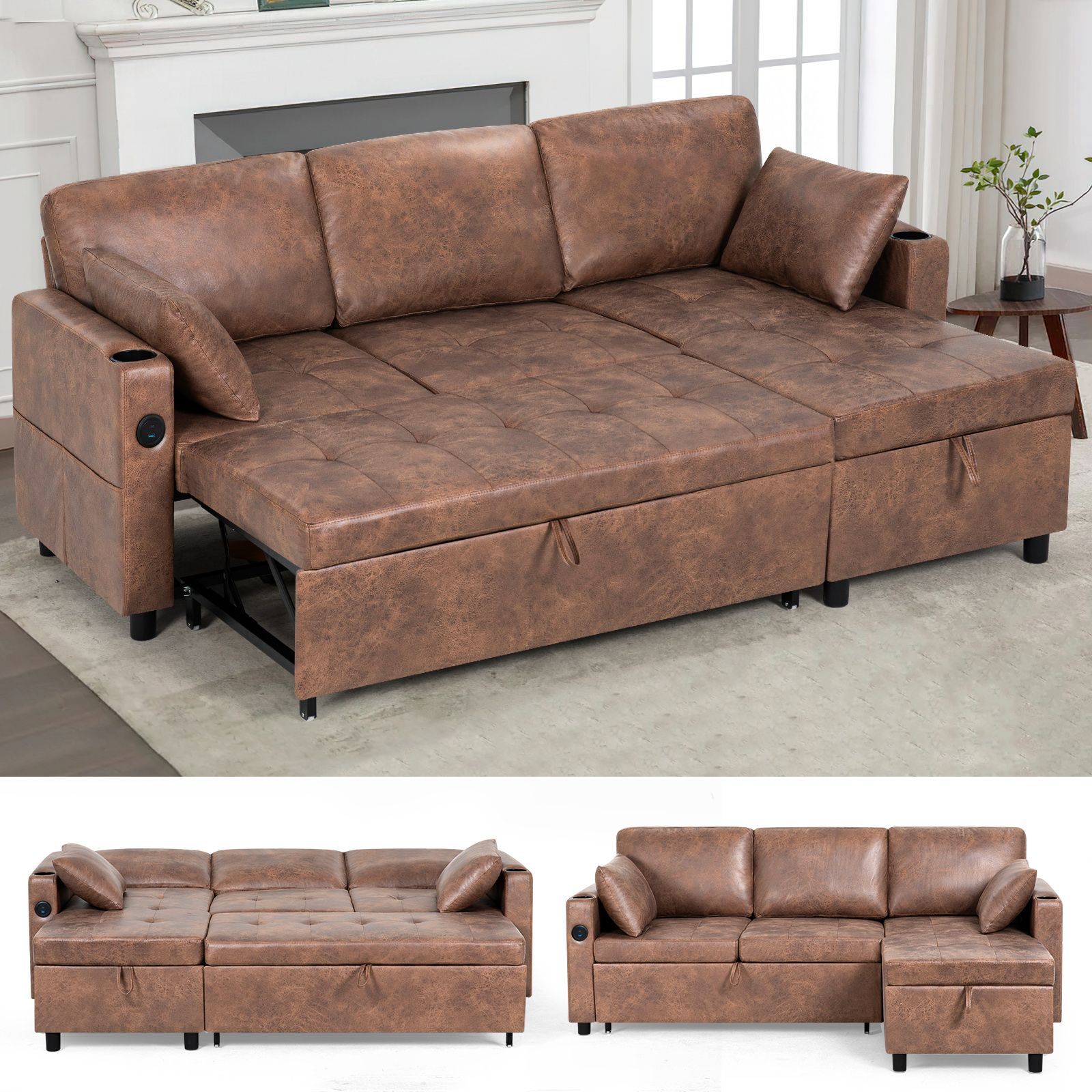 ACMEASE 84inch L-shaped pull-out sofa bed with adjustable backrest (with storage ottoman), synthetic suede fabric sofa with cup holders, modern modular sofa with storage side pockets and tufted cushions, suitable for living rooms and apartments
