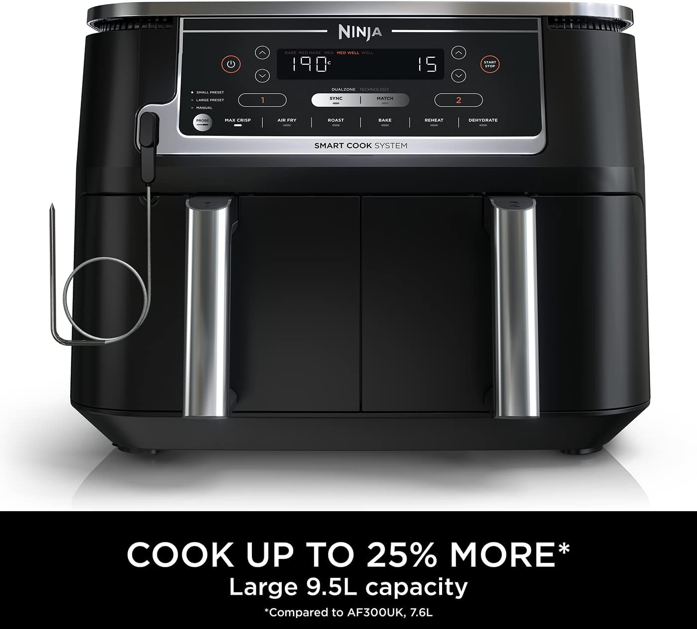 Ninja Foodi MAX Dual Zone Air Fryer [AF451UK] Smart Cook System, 9.5L, 2 Drawers, 6 Functions, &lrm;Black/Silver