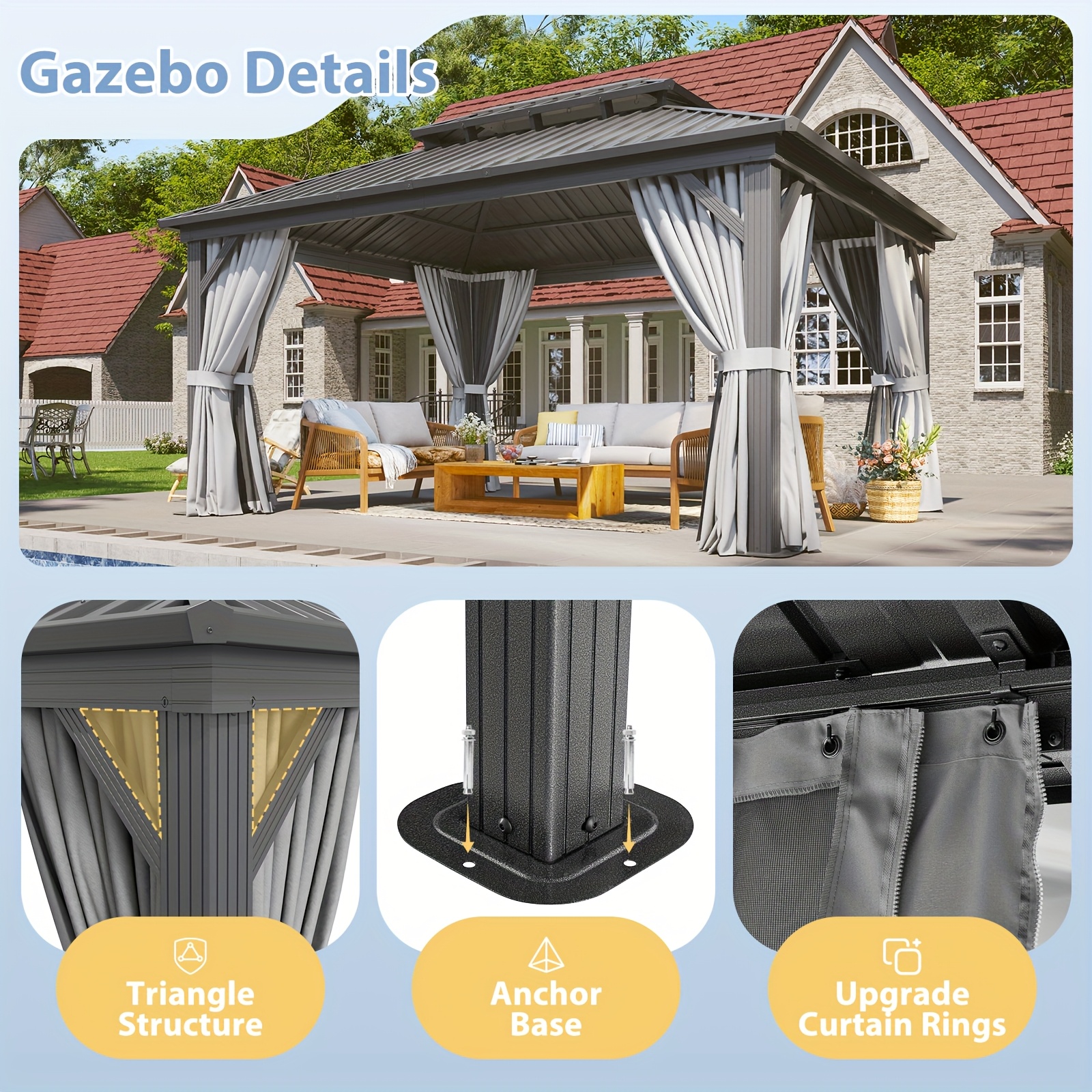 Sonegra 12' X 20'/12' X 16'/12' X 10' Hardtop Gazebo, Double Galvanized Steel Roof - Aluminum Frame Outdoor Gazebo with Mosquito Net and Curtains, Suitable for Patio, Yard, and Deck (Free Shipping)