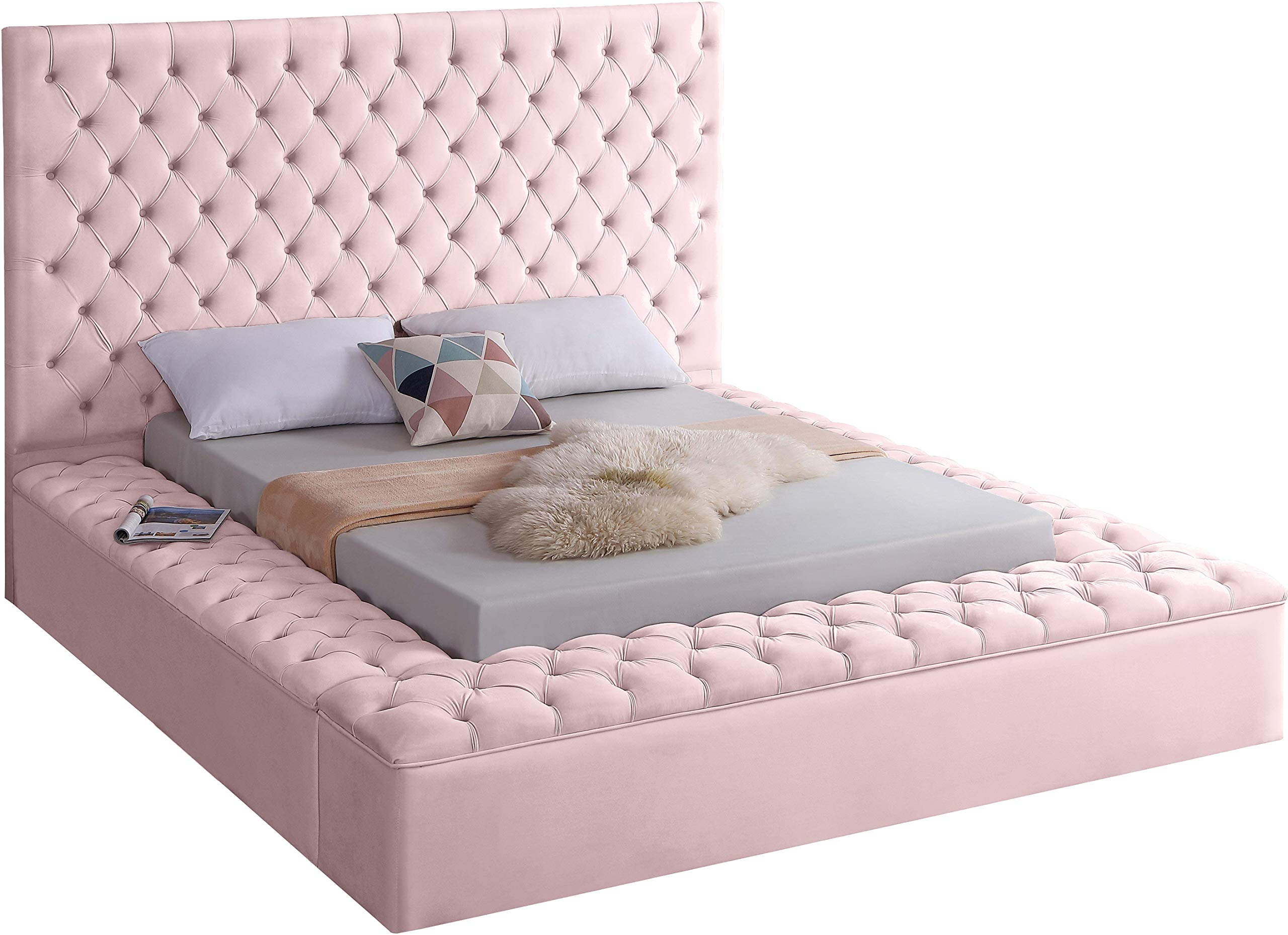 Contemporary Velvet Upholstered Bed with Deep Button Tufting & Storage Compartments