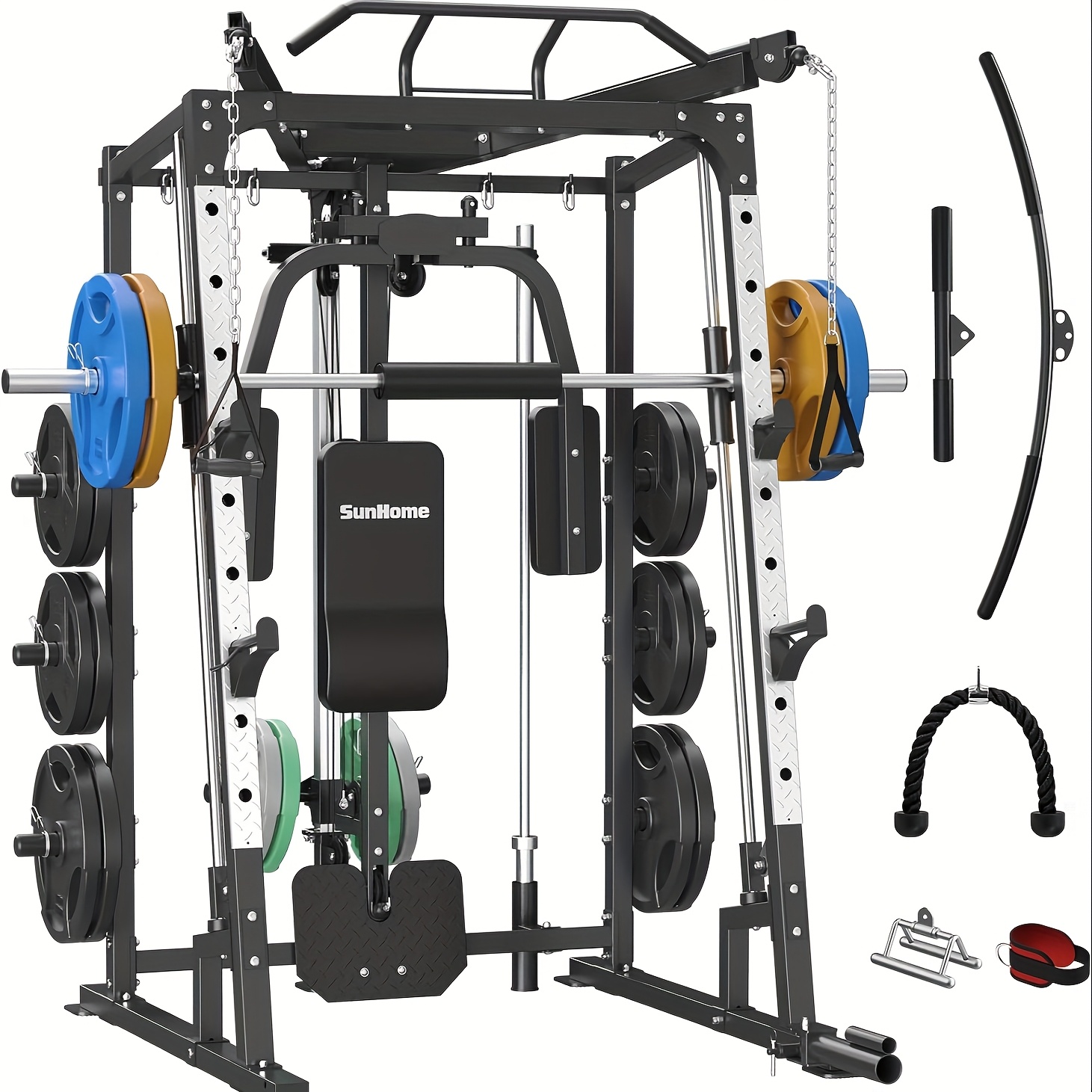 Smith machine power cage squat rack, with Smith bar, dual pull-down system, cross rope machine, and more home fitness accessories (weight plates not included)