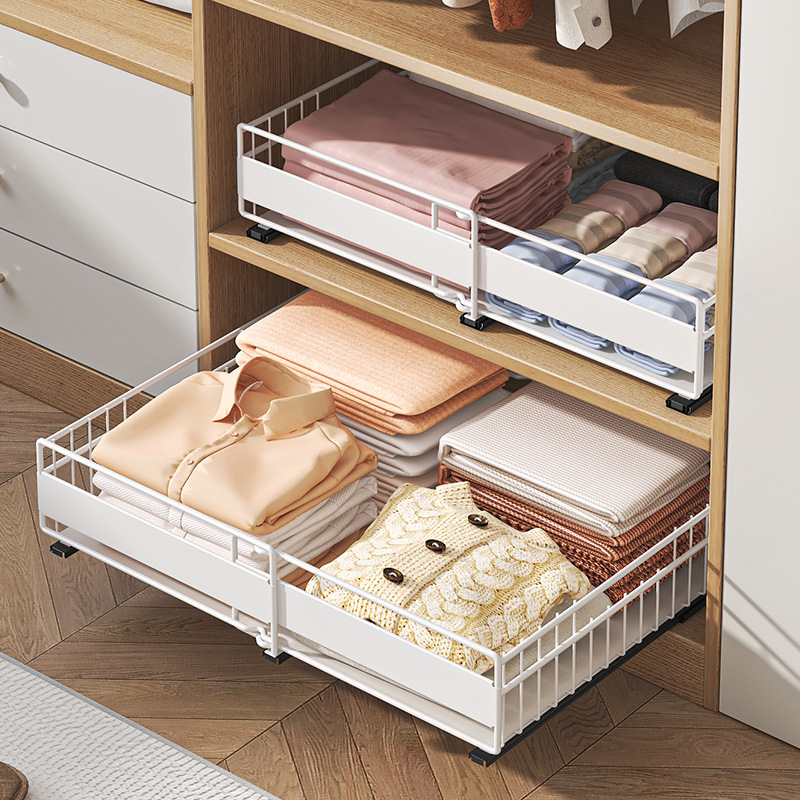 Kitchen Seasoning and Utensil Storage Basket, Extendable Pull-Out Drawer-Style Storage Basket for Cabinets, No-Drill Storage Rack for Wardrobe