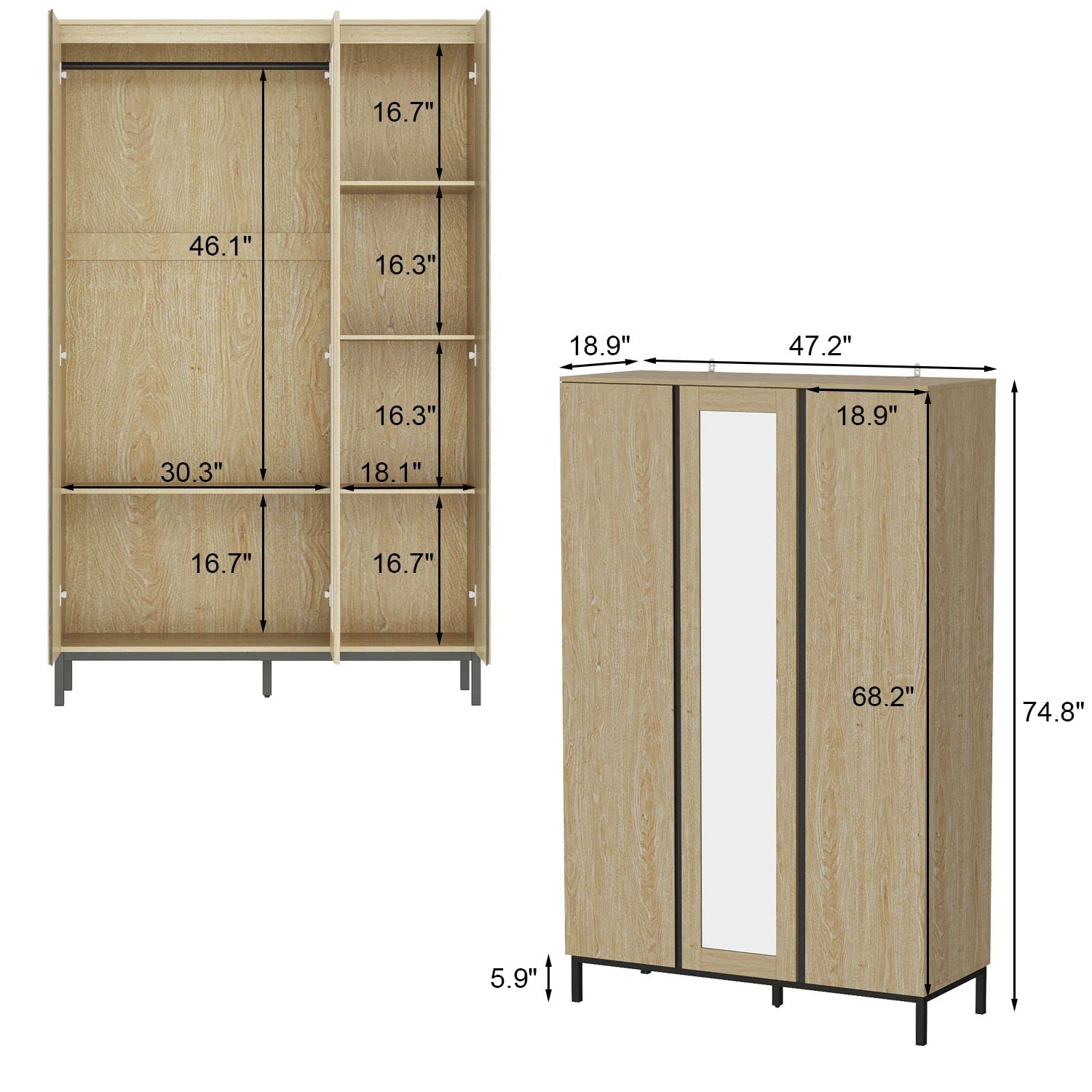 Armoires and Wardrobes with Mirror & 3 Doors, Armoire Wardrobe Closet with Storage Shelves