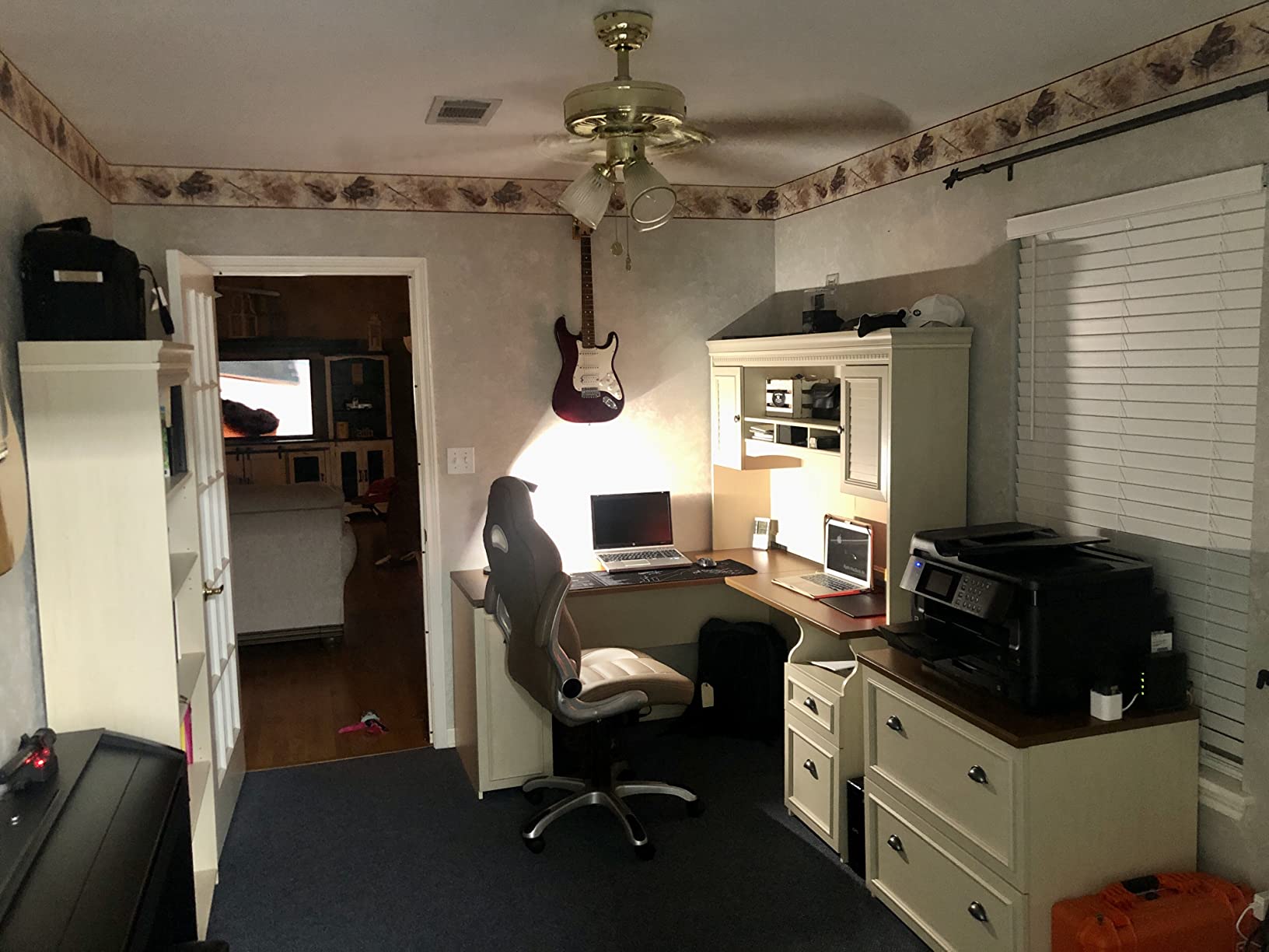 Fairview L Shaped Desk with Hutch, Bookcase and Lateral File Cabinet in Antique White