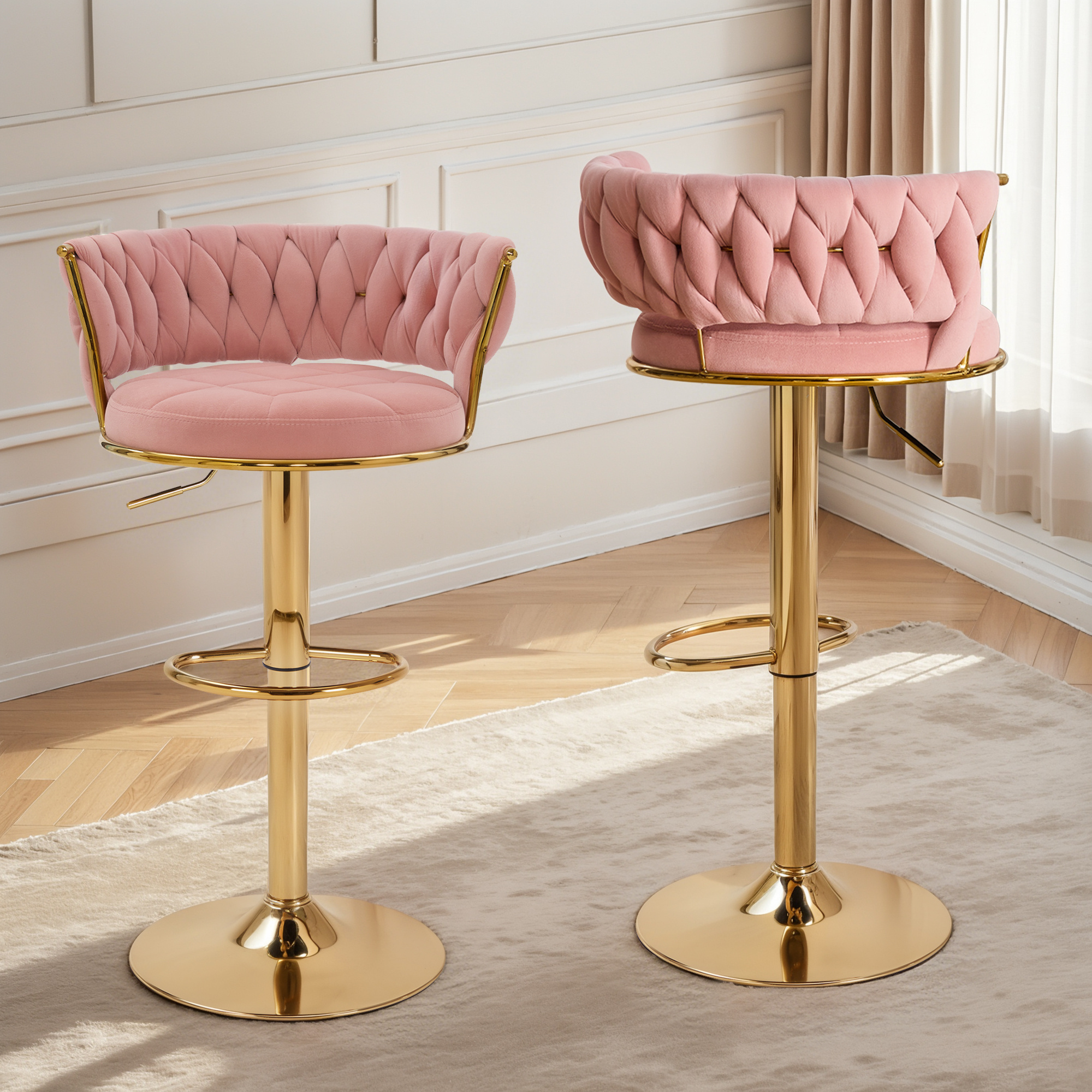 VECELO 360°Set of 4 swivel bar chairs, height-adjustable counter high chairs with back and arms, suede fabric kitchen island chairs