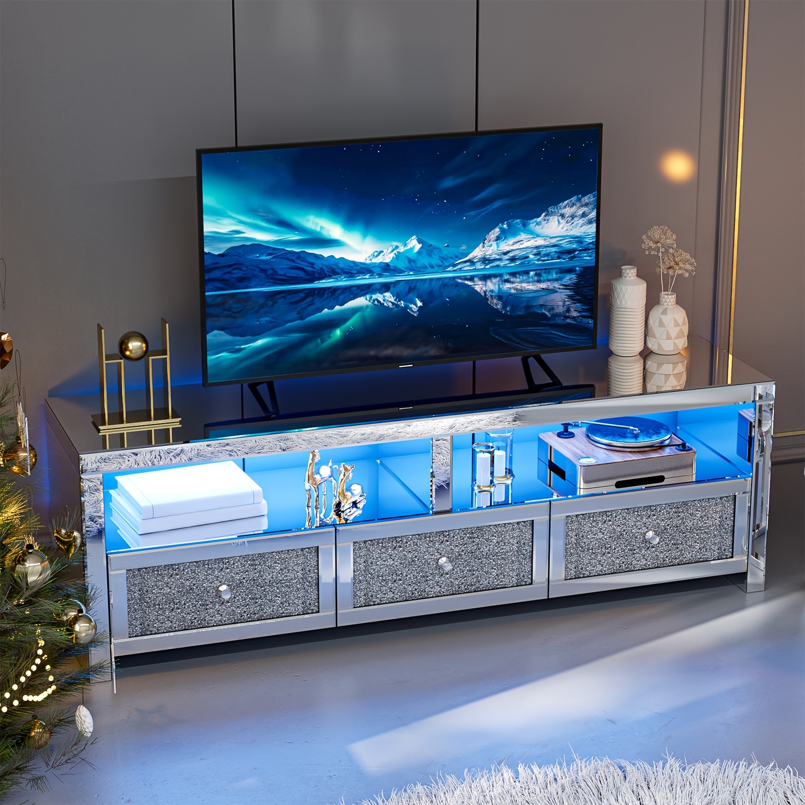 Mirror TV cabinet for TVs above 65inch inches with LED lights, silver entertainment center with 3 drawers and 2 open storage spaces, TV console table with diamond-pattern texture, suitable for living room and bedroom