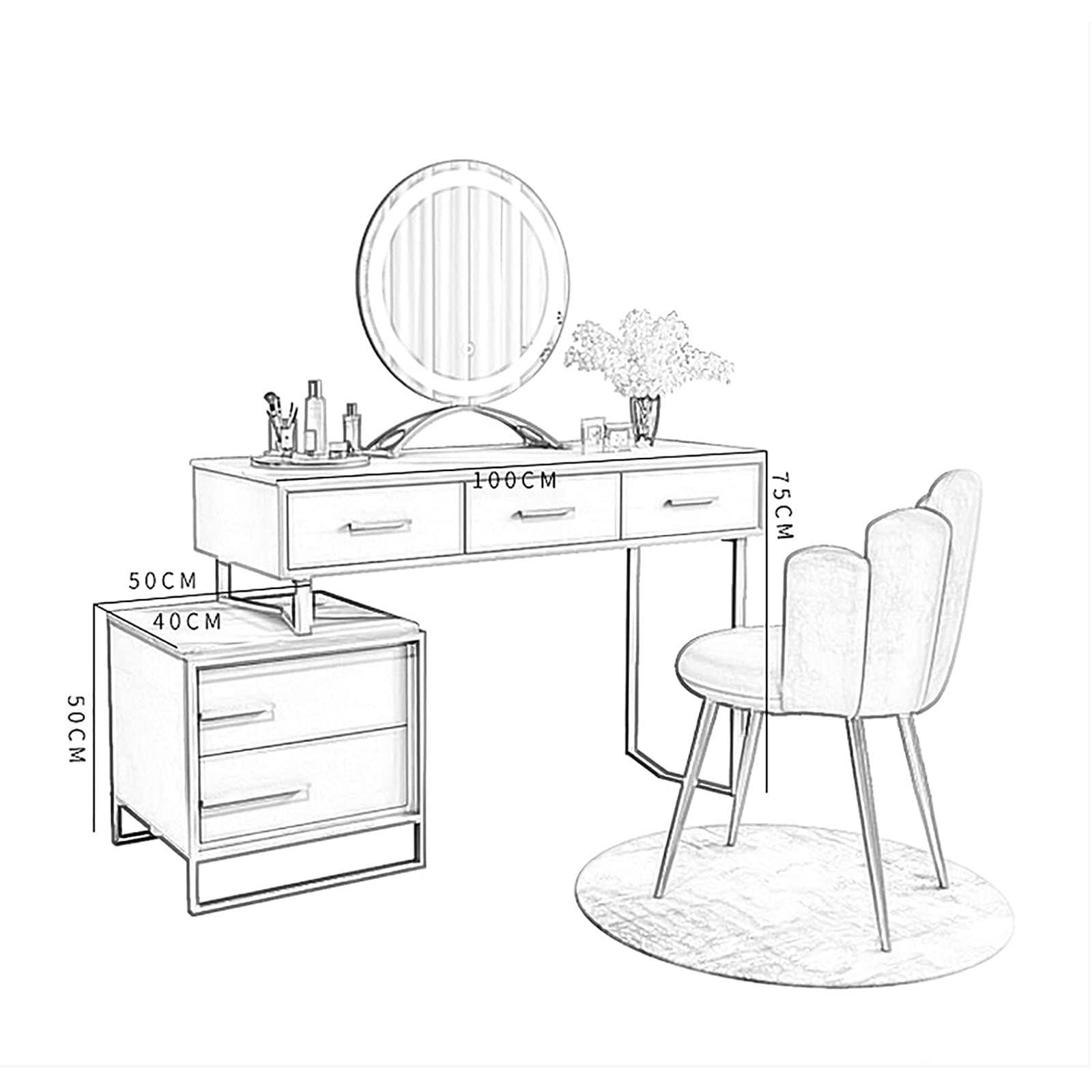 Italian Dressing Table with LED Mirror, Makeup Table with Marble Textured, Lockers & Makeup Chairs