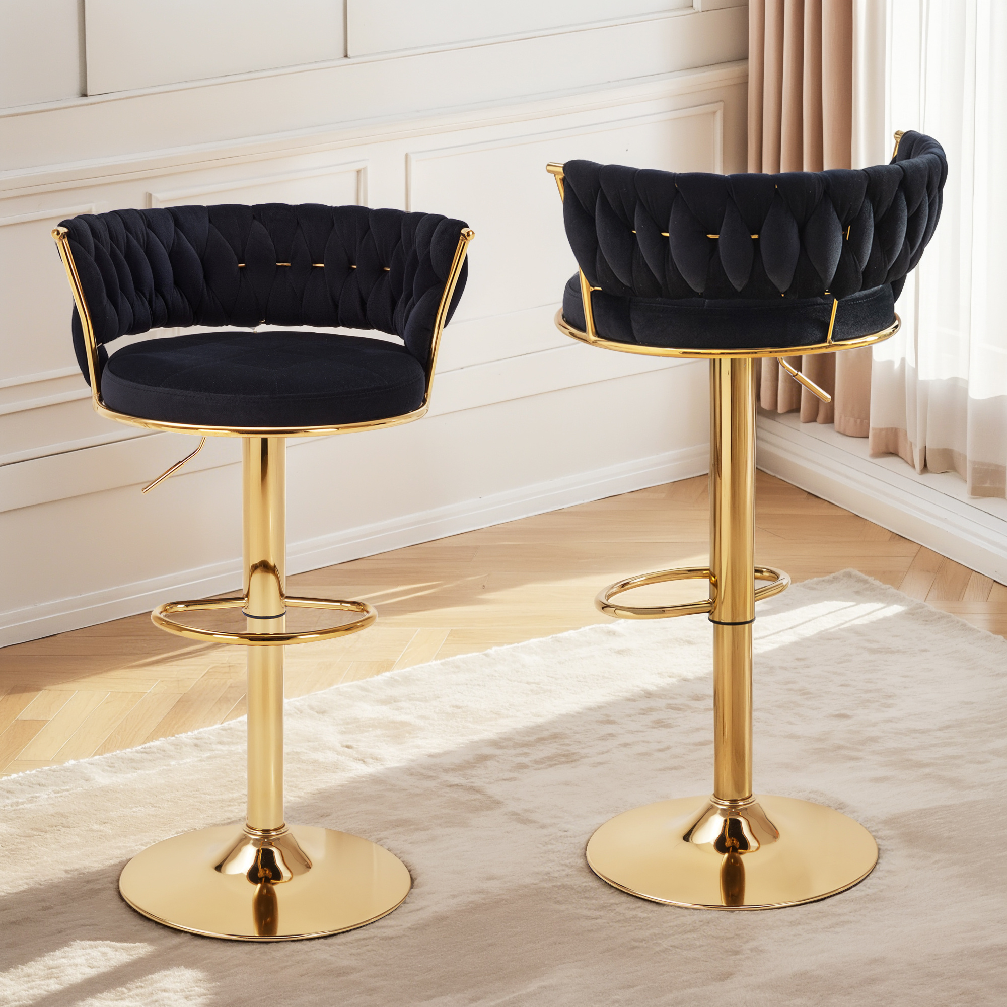 VECELO 360°Set of 4 swivel bar chairs, height-adjustable counter high chairs with back and arms, suede fabric kitchen island chairs