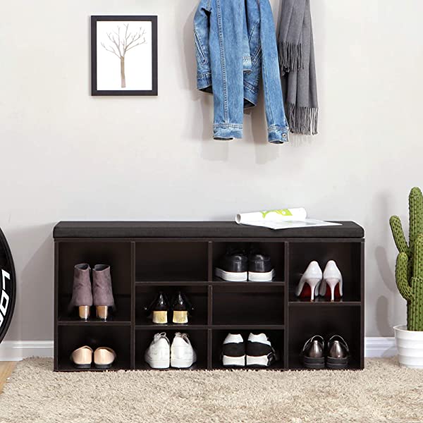 VASAGLE Cubbie Shoe Cabinet Storage Bench with Cushion, Adjustable Shelves, Holds up to 440lb, Rustic Brown ULHS10BX