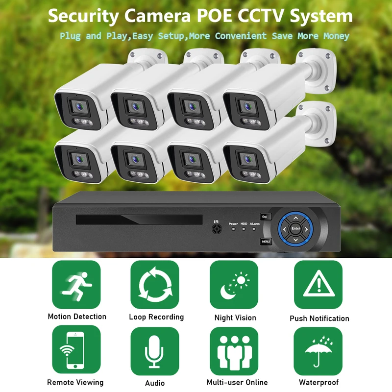 Gadinan 8CH 4CH 8MP 4K POE Security Camera System NVR Kit CCTV Outdoor Audio IP Camera H.265 P2P Video Surveillance Set XMEye