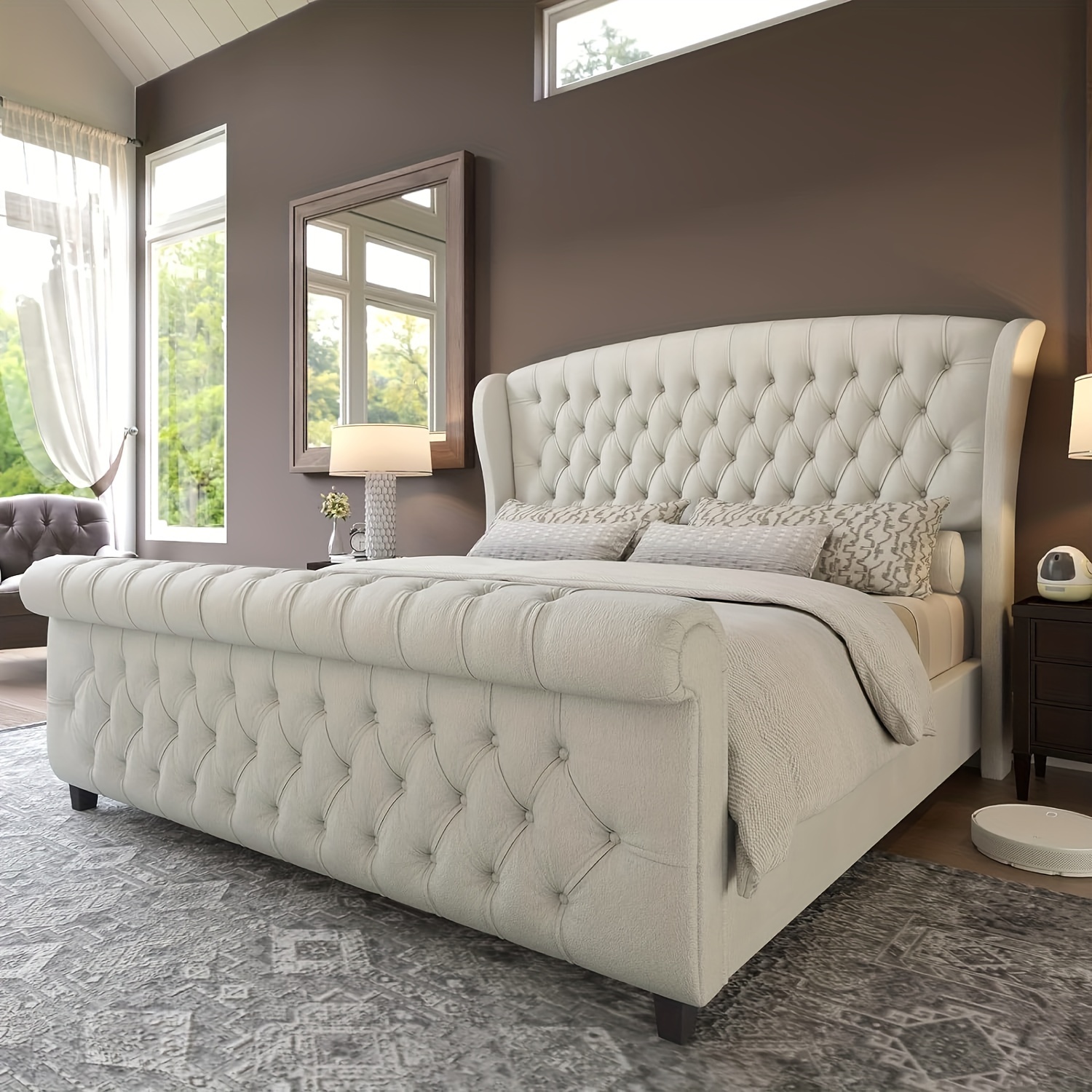 Chenille fabric bed frame, featuring a scroll-back headboard and footboard, with button-tufted embroidery design, does not require a box spring mattress