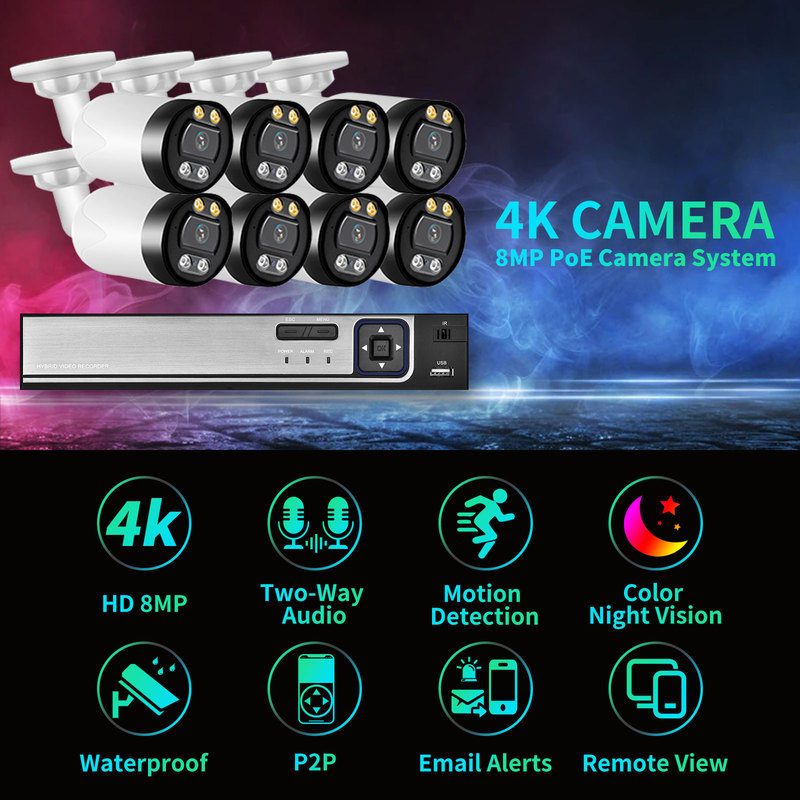 Gadinan 8MP 4K CCTV Security Cameras System 8CH Video Surveillance Kit Home Outdoor Two Way Audio IP Camera POE NVR Recorder Set